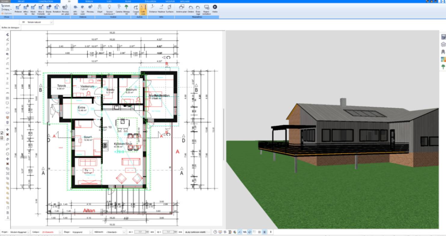 Façade en bardage et terrasse surélevée modélisées en 3D avec Plan7Architect