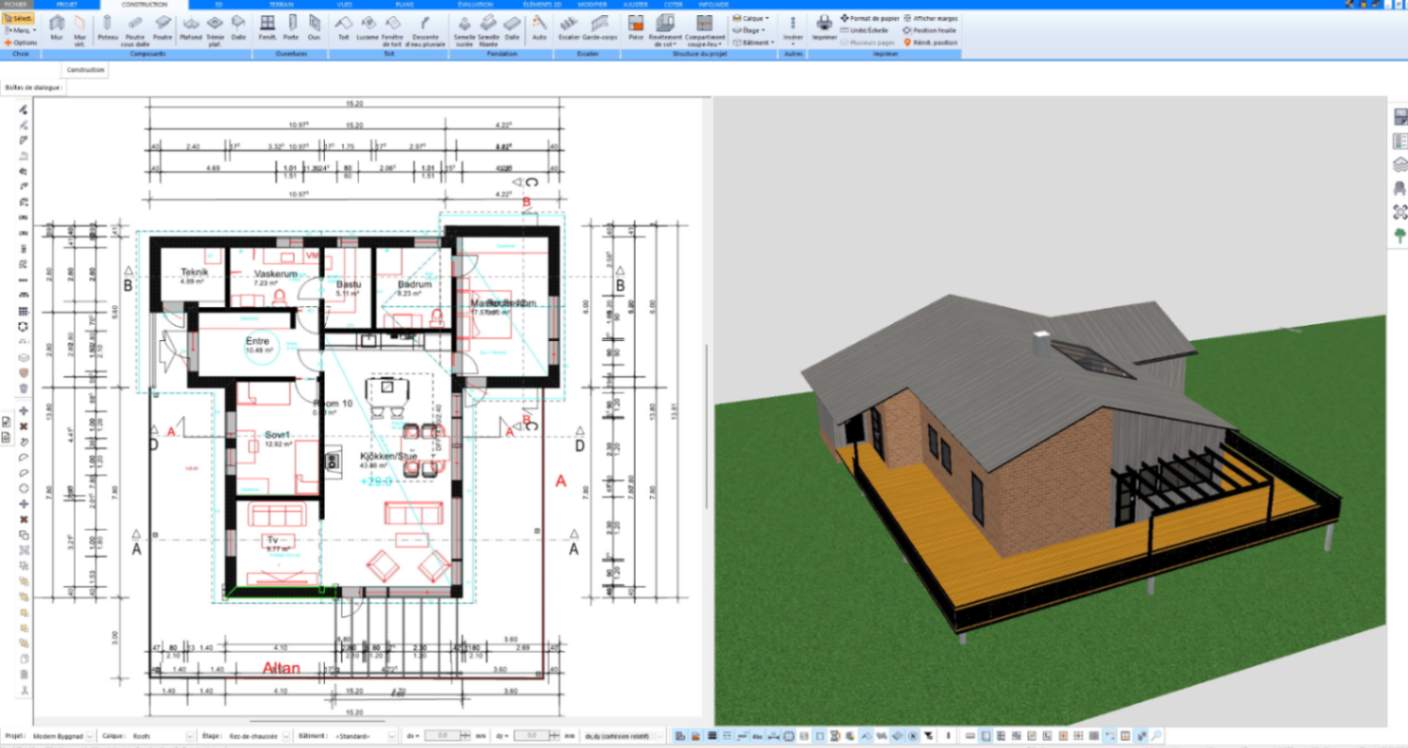 Plan 2D et vue 3D d’une maison de plain-pied avec terrasse en bois, créés avec Plan7Architect