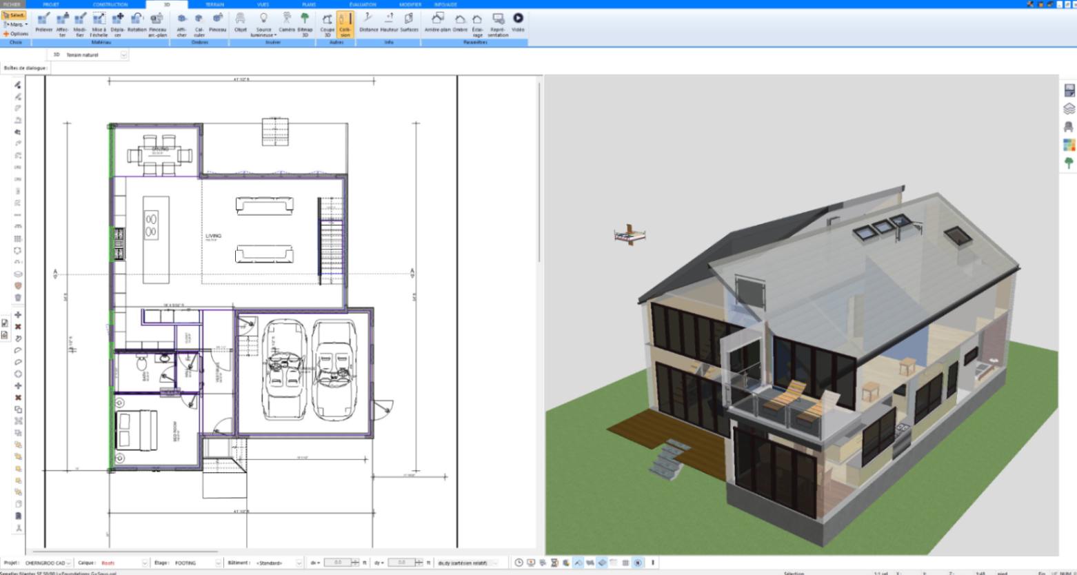 Vue 3D en coupe d’une maison moderne réalisée avec le logiciel Plan7Architect