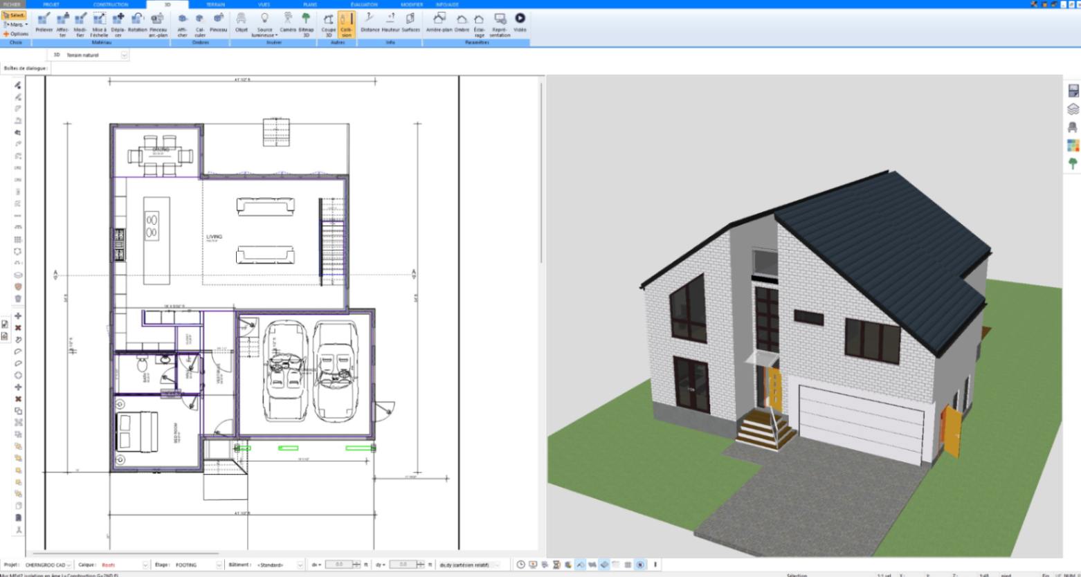 Maison moderne avec garage double : plan 2D et vue 3D côte à côte dans Plan7Architect