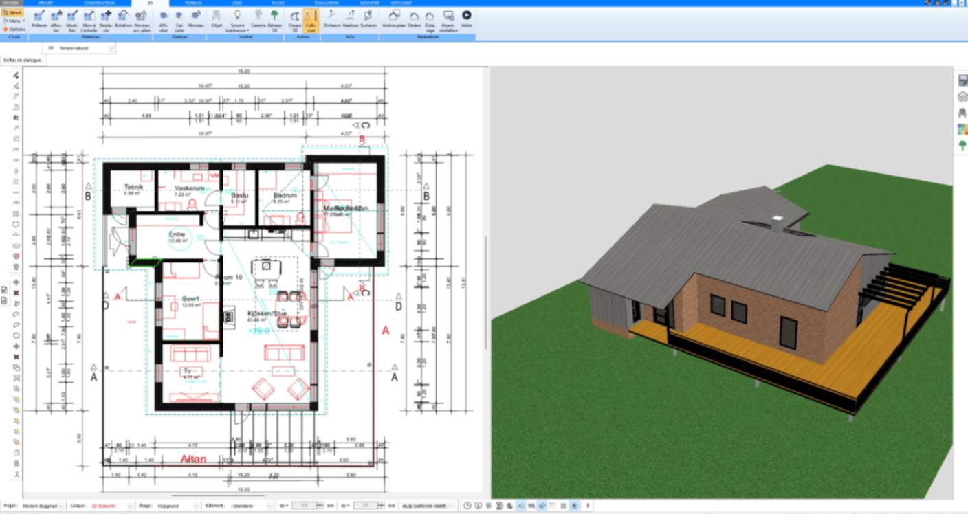 Plan de maison de plain-pied avec sa toiture en 3D, dessiné avec Plan7Architect