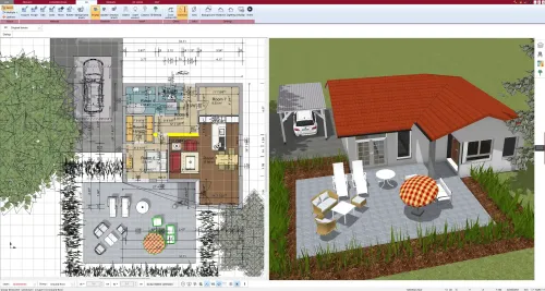 Plano de planta de una casa cúbica creado en vista 2D con Plan7Architect