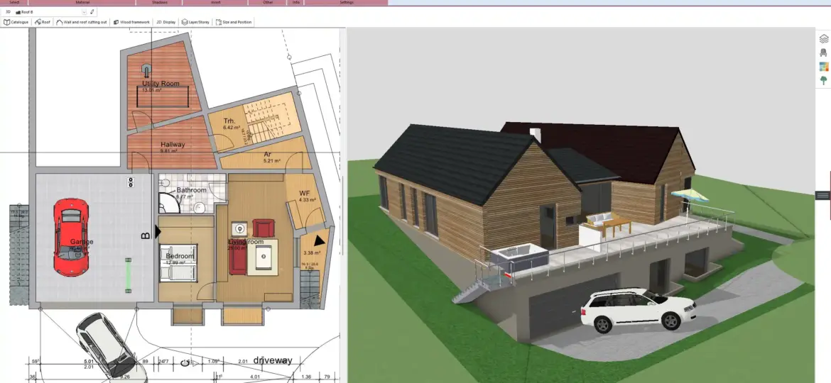 Creating a precise roof truss model in Plan7Architect – Define roof type, pitch, and dimensions.