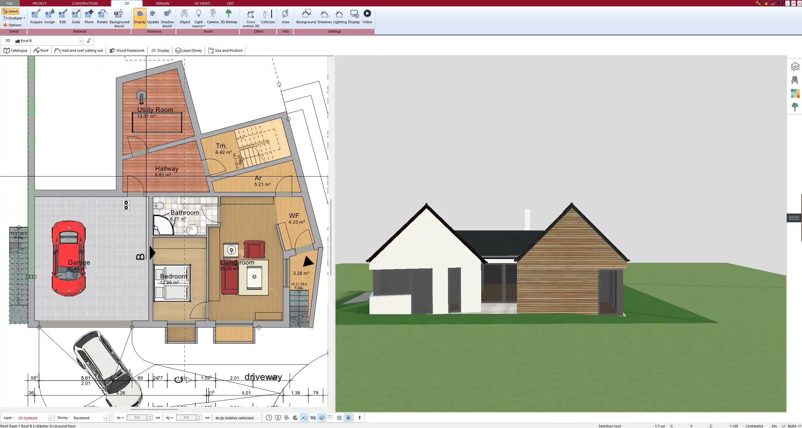 Final rendered bungalow floor plan in 3D, created with Plan7Architect.