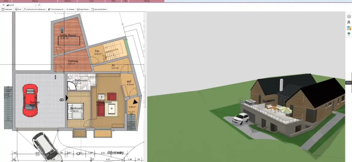 Load-bearing walls highlighted in a Plan7Architect floor plan