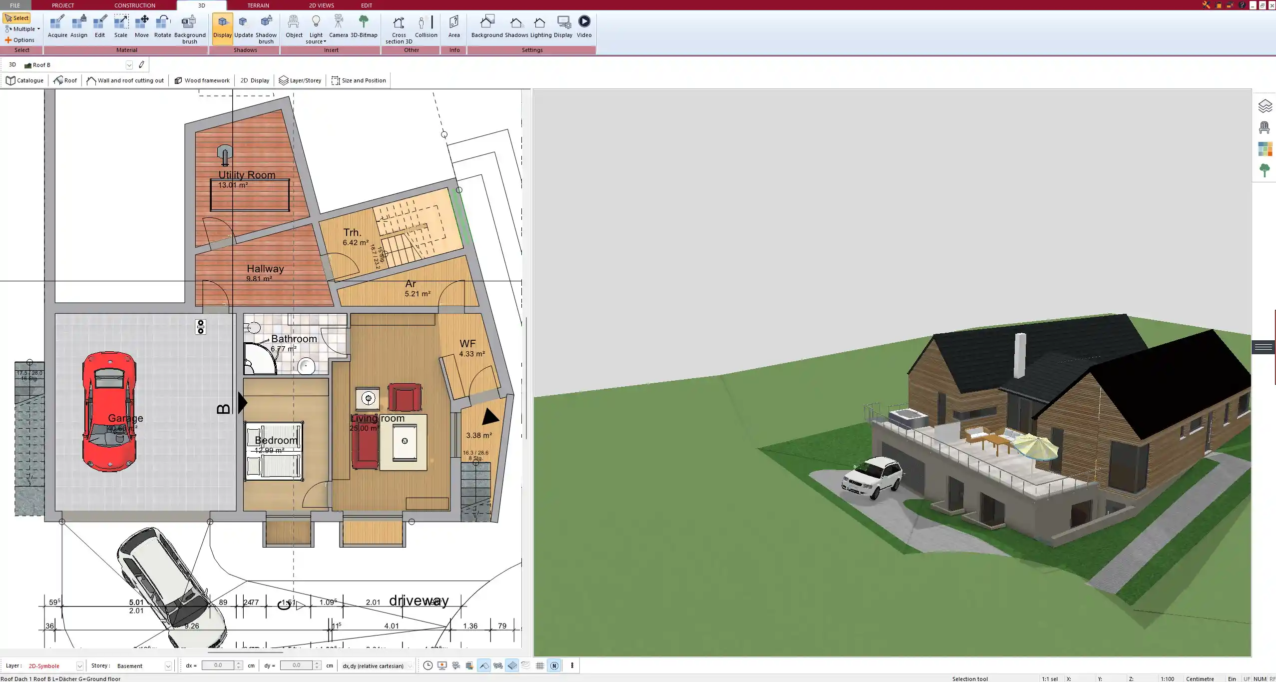 Load-bearing walls highlighted in a Plan7Architect floor plan