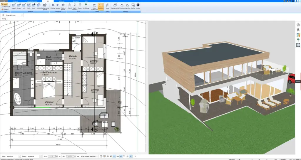 Basement floor plan designed with Plan7Architect – visualizing room layout and storage areas in 2D