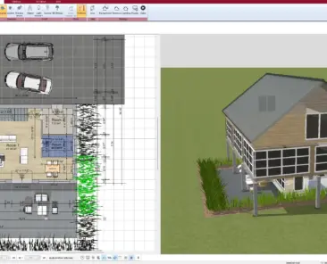 Ground floor layout of an urban villa designed in Plan7Architect – showing living area, kitchen, and entry hall in 2D