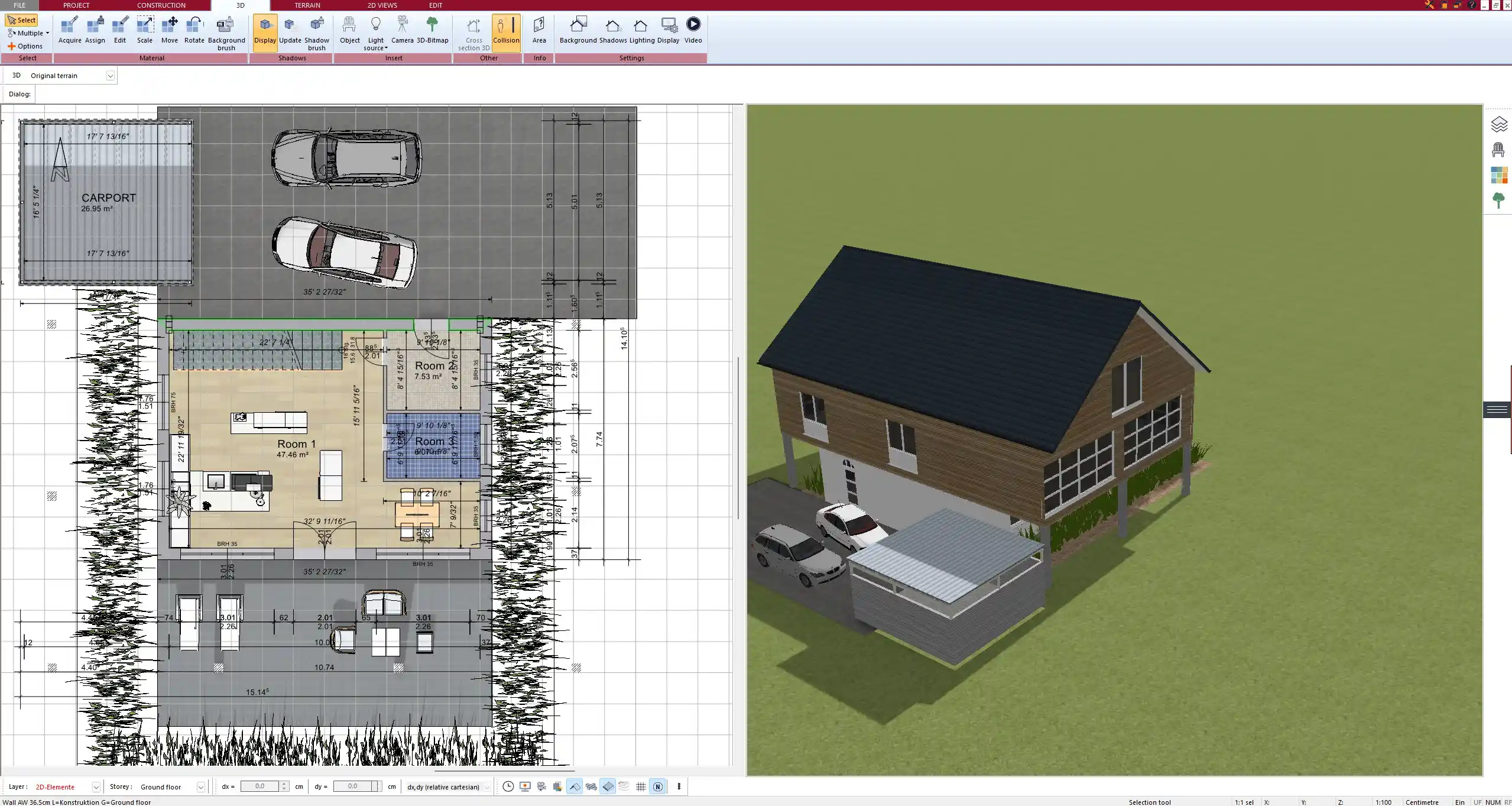 2D and 3D visualization of a residential floor plan generated in Plan7Architect software