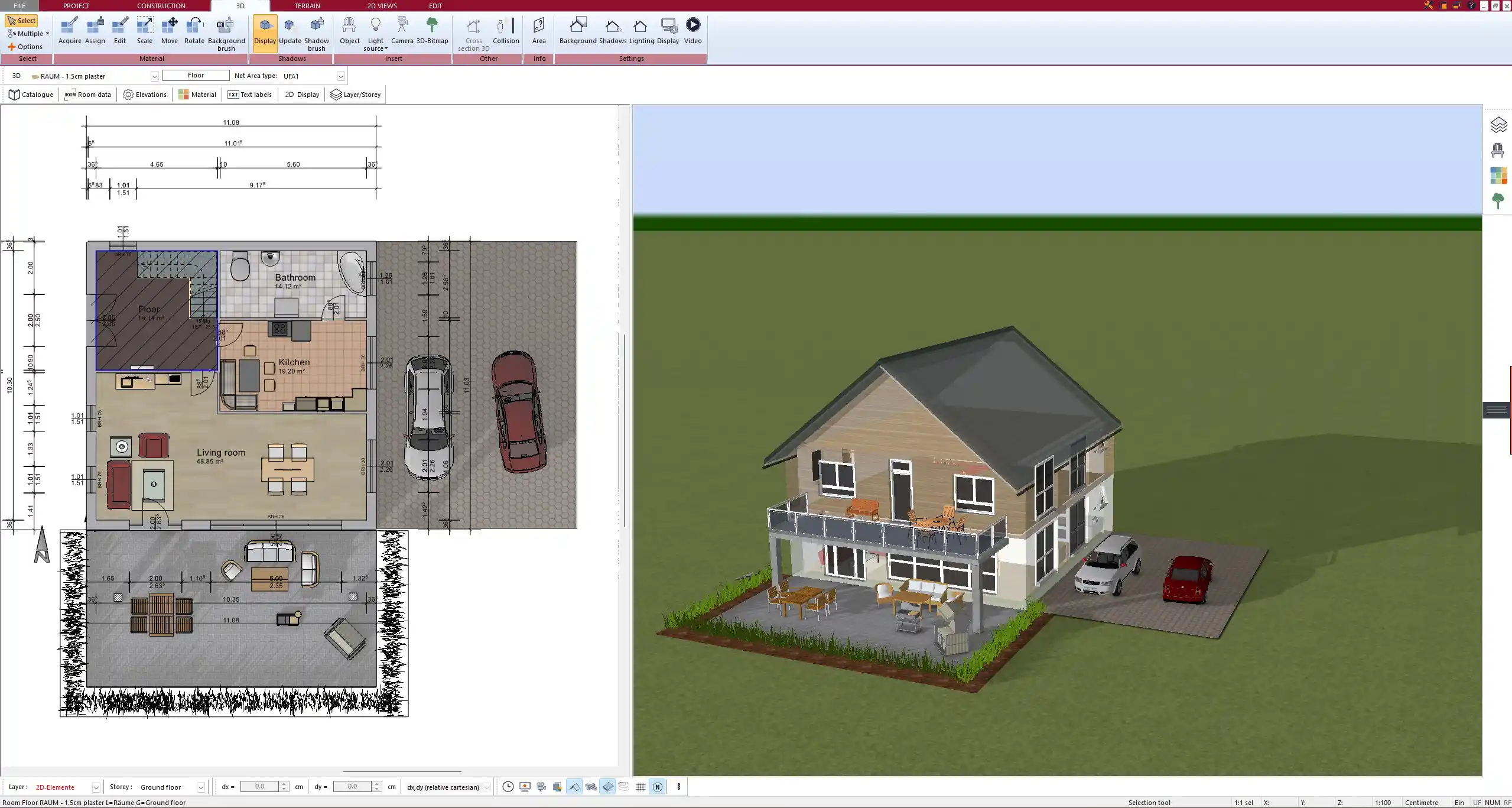 Automatic Sloped Ceilings Displayed in the Floor Plan (2D View) – Created with Plan7Architect