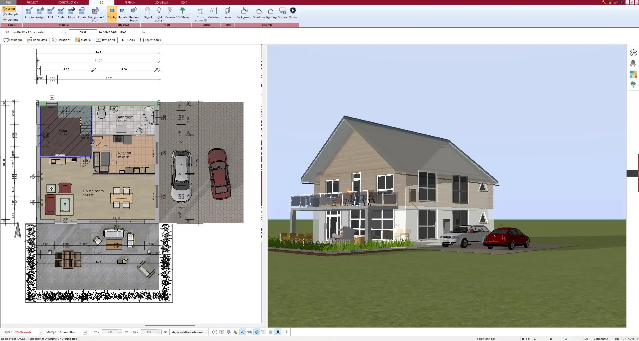 Foundation layout created with Plan7Architect Initial floor slab placement in 2D view