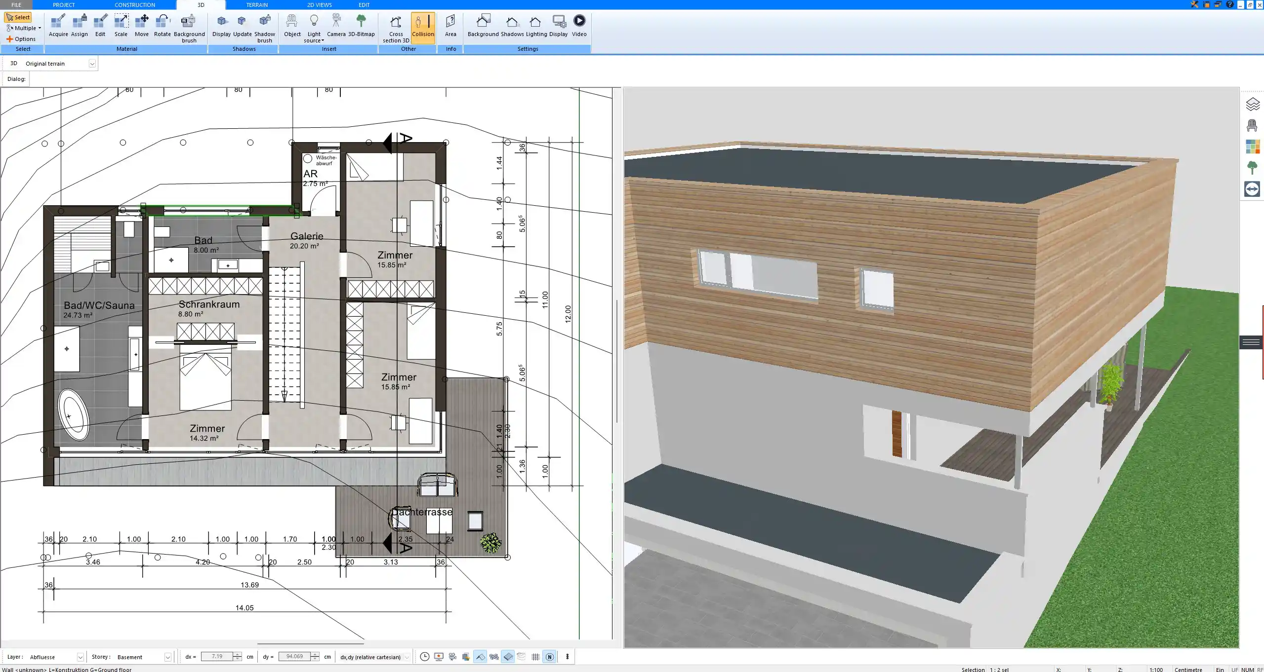 Manually added interior dimension lines in Plan7Architect