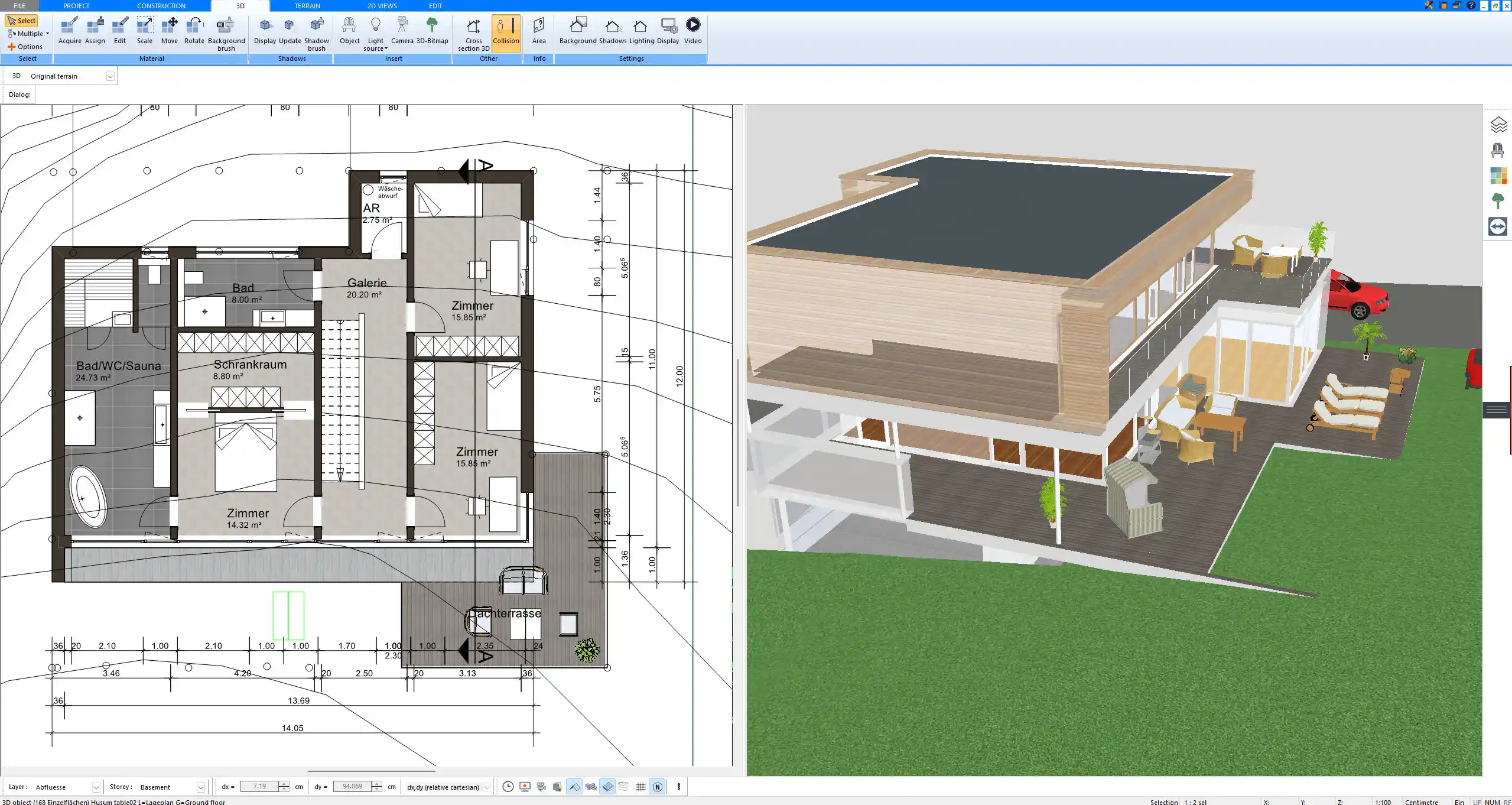 Side-by-side 2D and 3D project view from within the Plan7Architekt interface