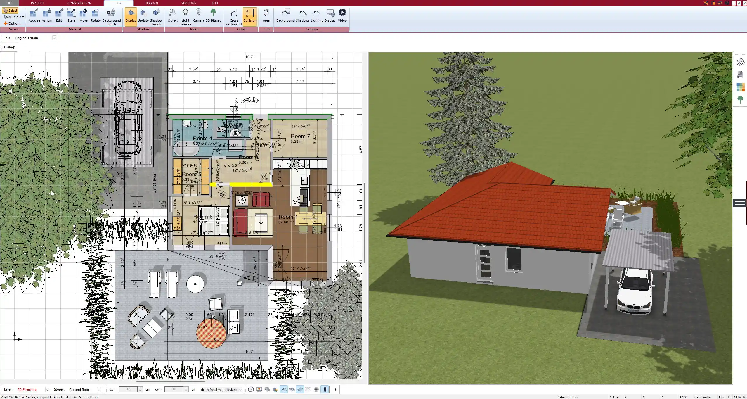 Detailed layout of a multi-room solid house modeled with Plan7Architect – with precise wall measurements