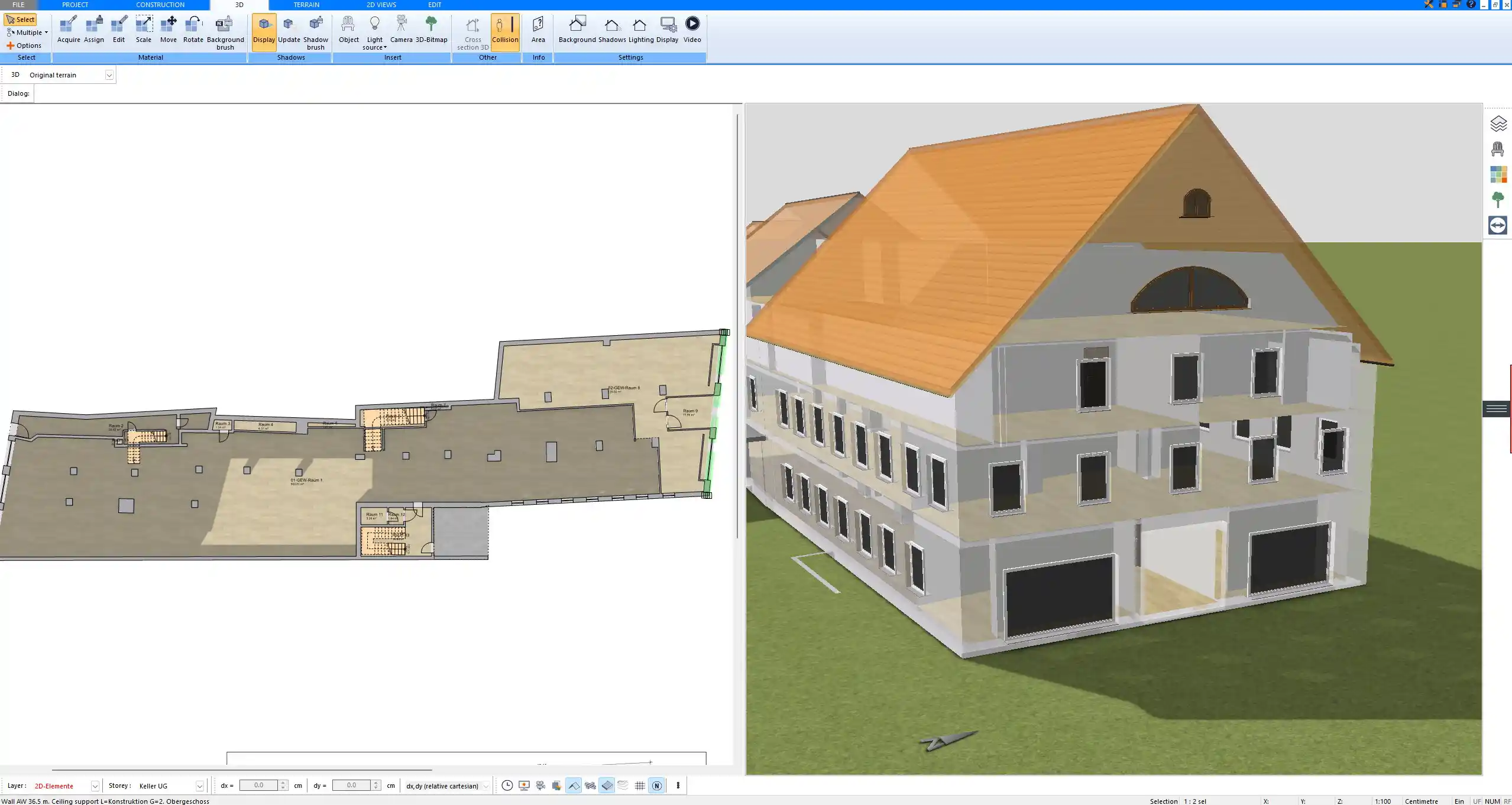 Detailed roof and wall structure designed directly in Plan7Architect