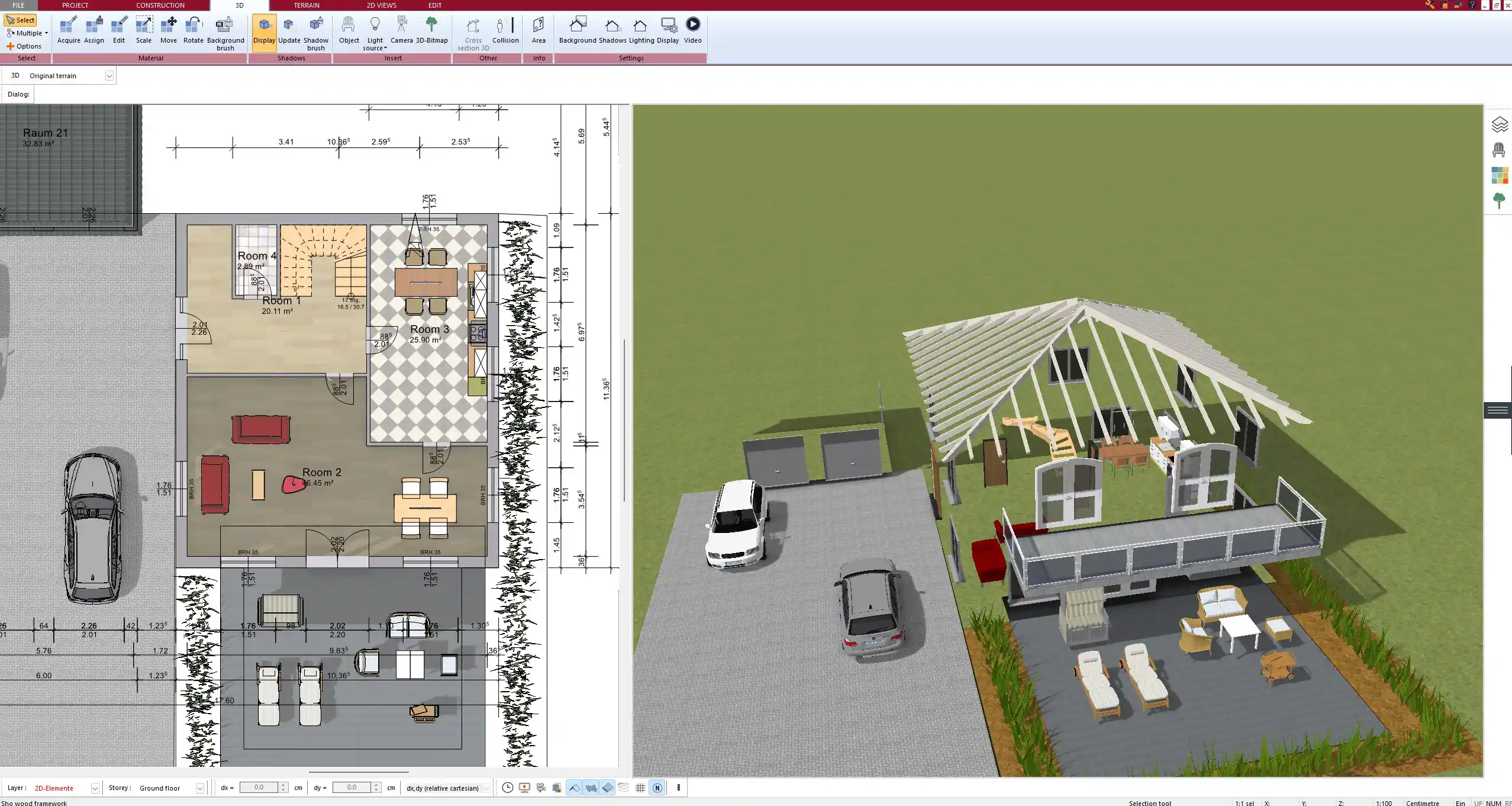 Detailed section view of garage and house connection – generated in Plan7Architect