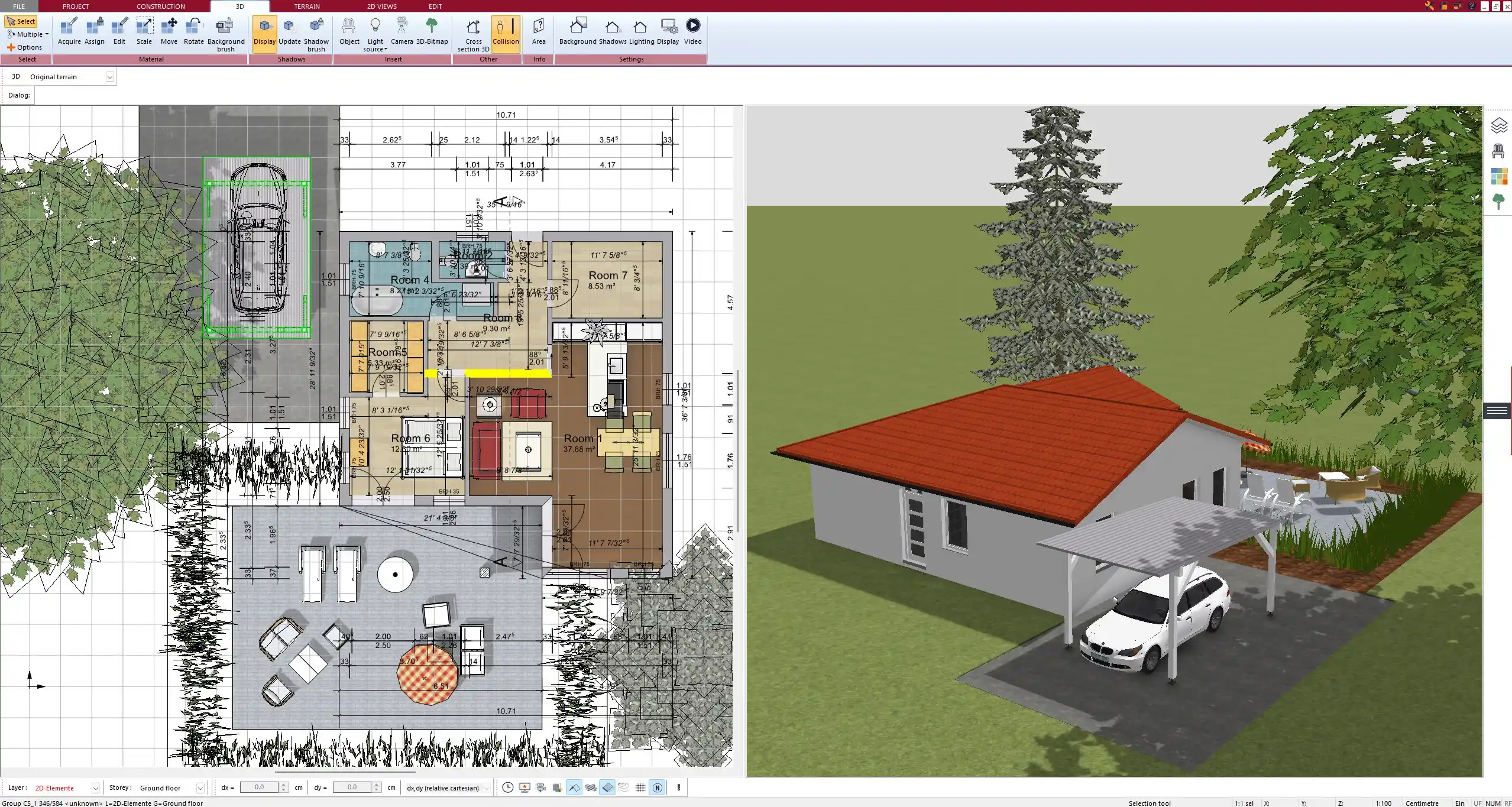 Exterior view of a log cabin on sloped terrain, planned and rendered in Plan7Architect