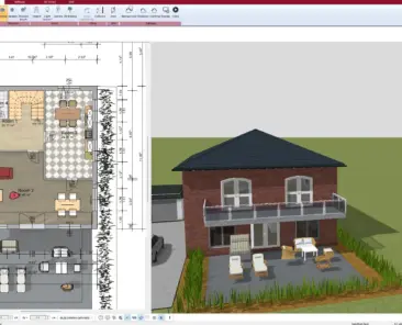 Full 3D house model created with Plan7Architect – including roof, terrain, and landscaping