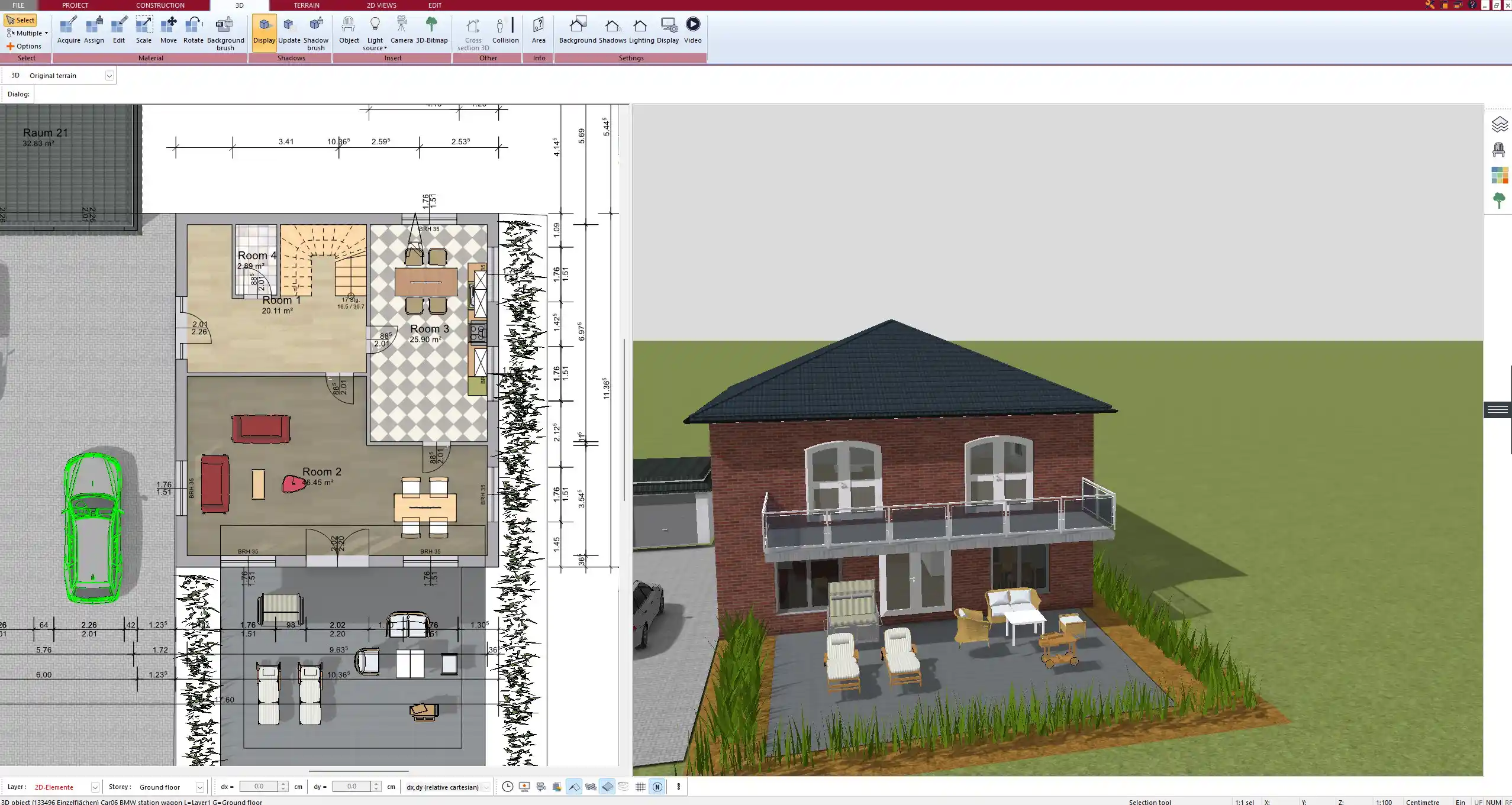 Full 3D house model created with Plan7Architect – including roof, terrain, and landscaping