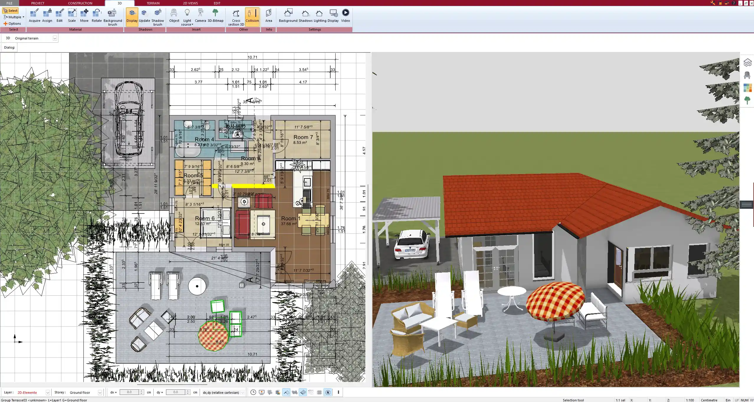 Full restaurant project overview created with Plan7Architect – combining technical layout and realistic 3D visualization