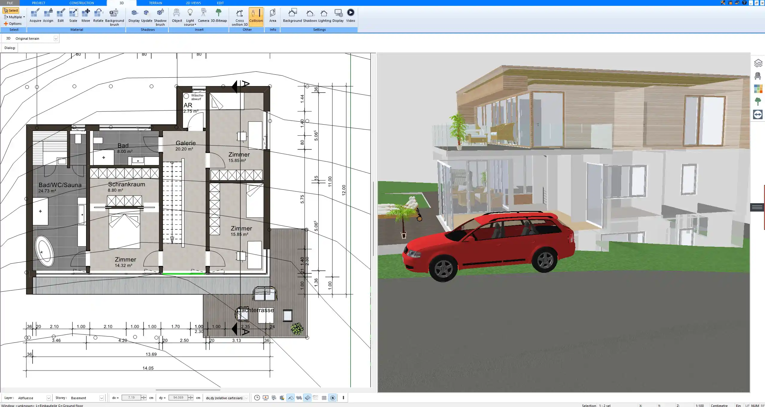 Garage door placement and driveway access shown in Plan7Architect