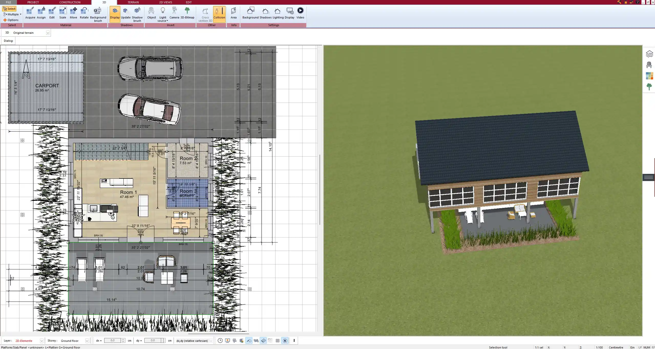Interior planning of a spacious open living area – visualized in Plan7Architect