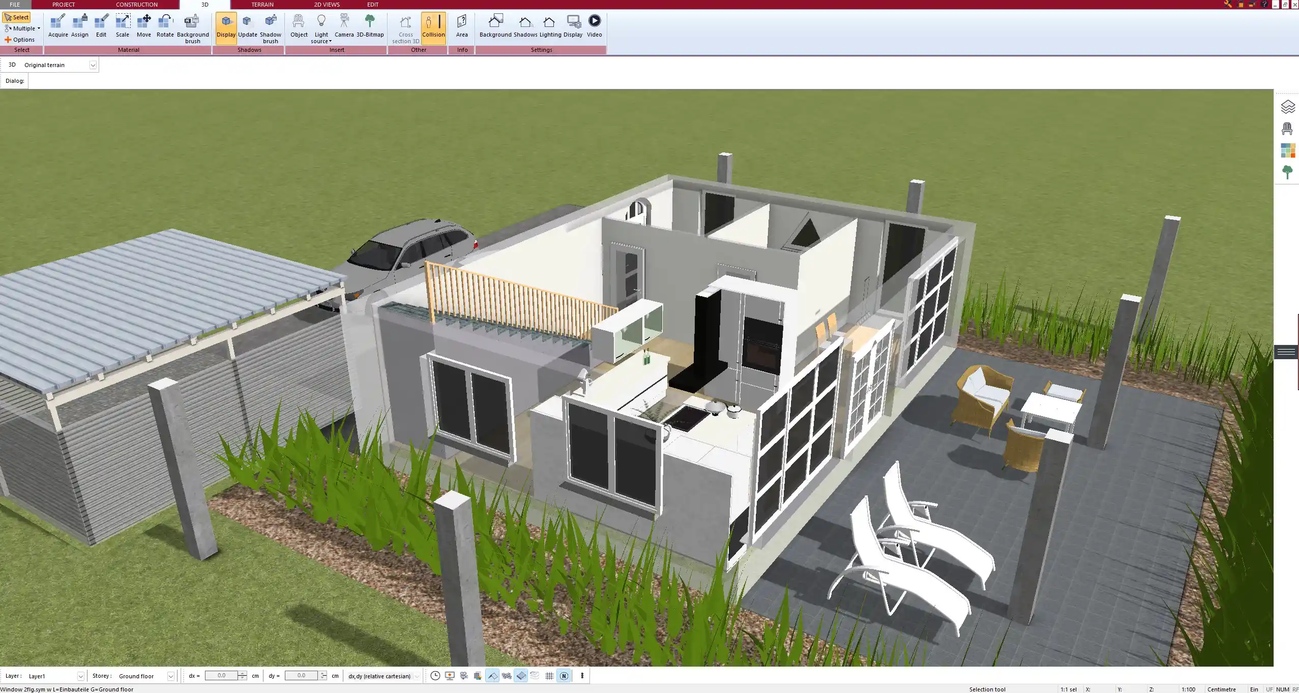 Kitchen and living area of the ADU unit modeled with Plan7Architect