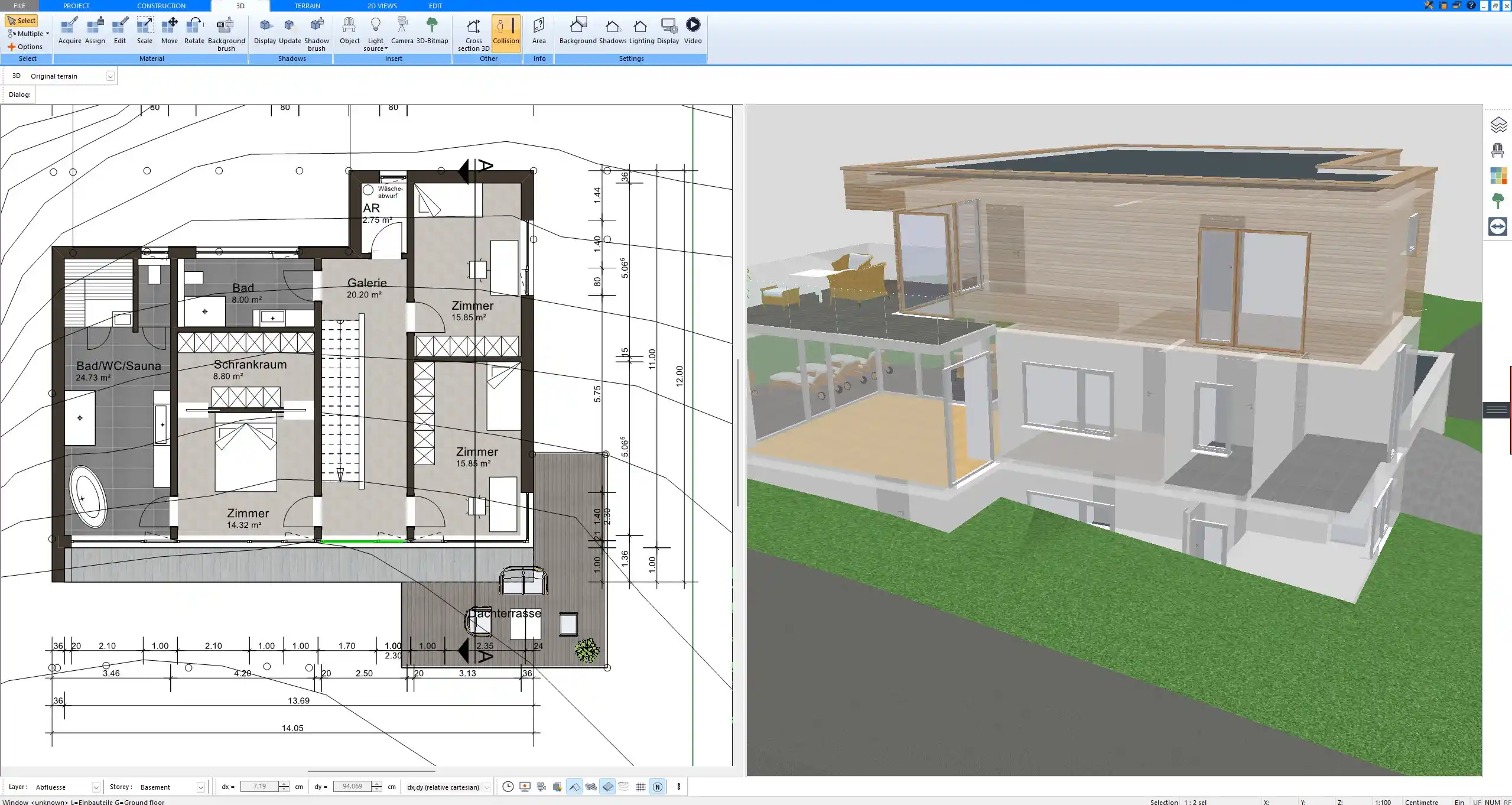 Living room layout planned with Plan7Architect – showing custom wall positions and furniture placement
