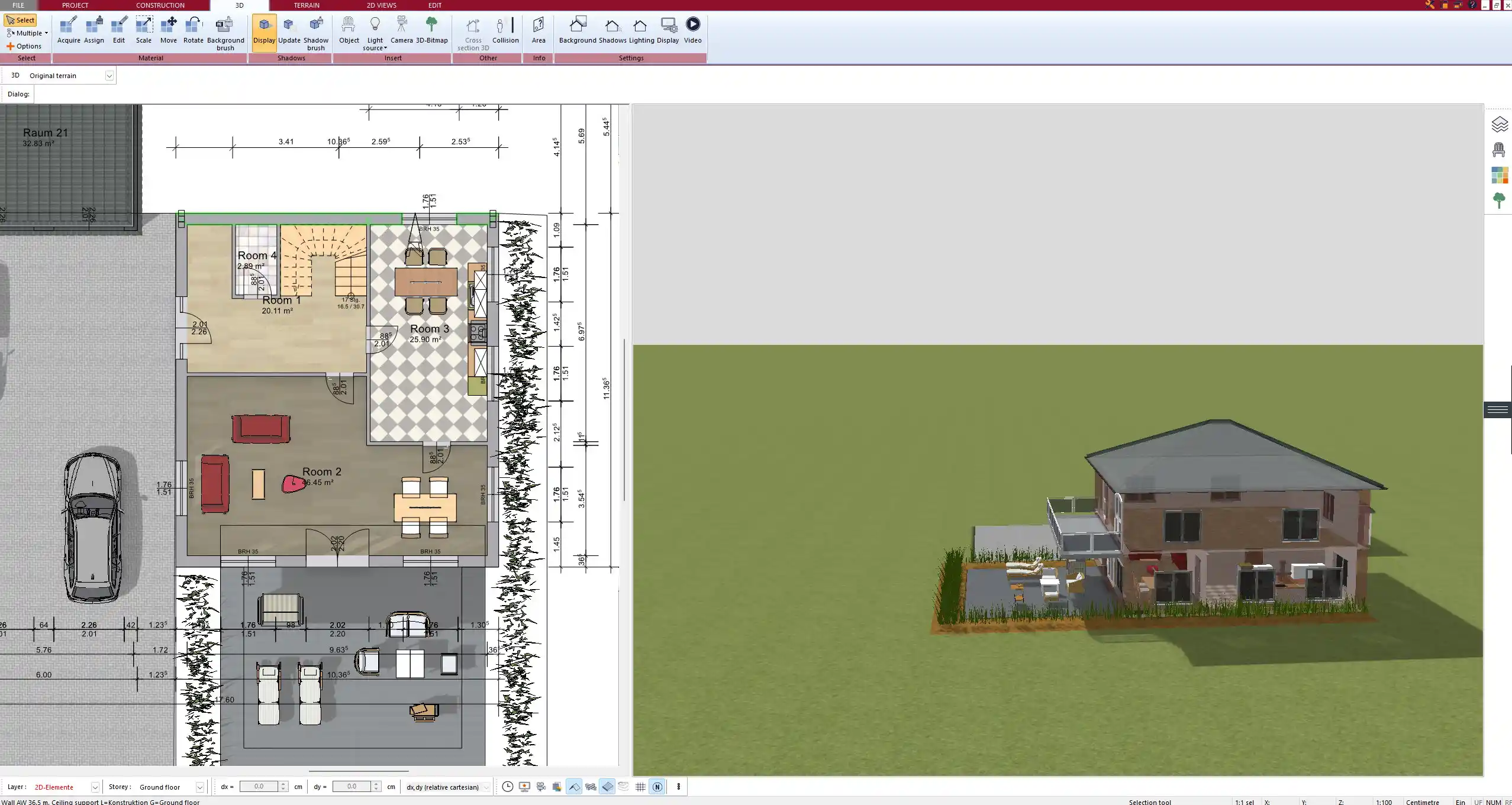 Log cabin floor plan created in Plan7Architect – showing a spacious open-concept layout with visible log walls