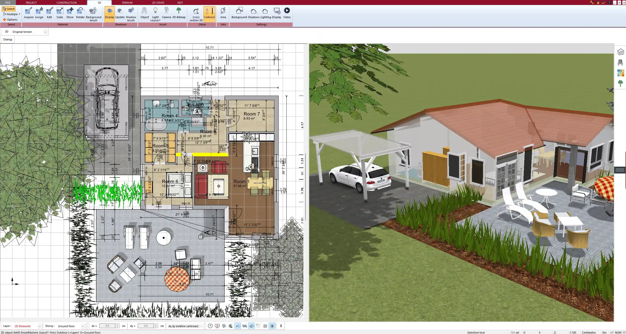 Mobile home placed on a virtual plot with realistic terrain