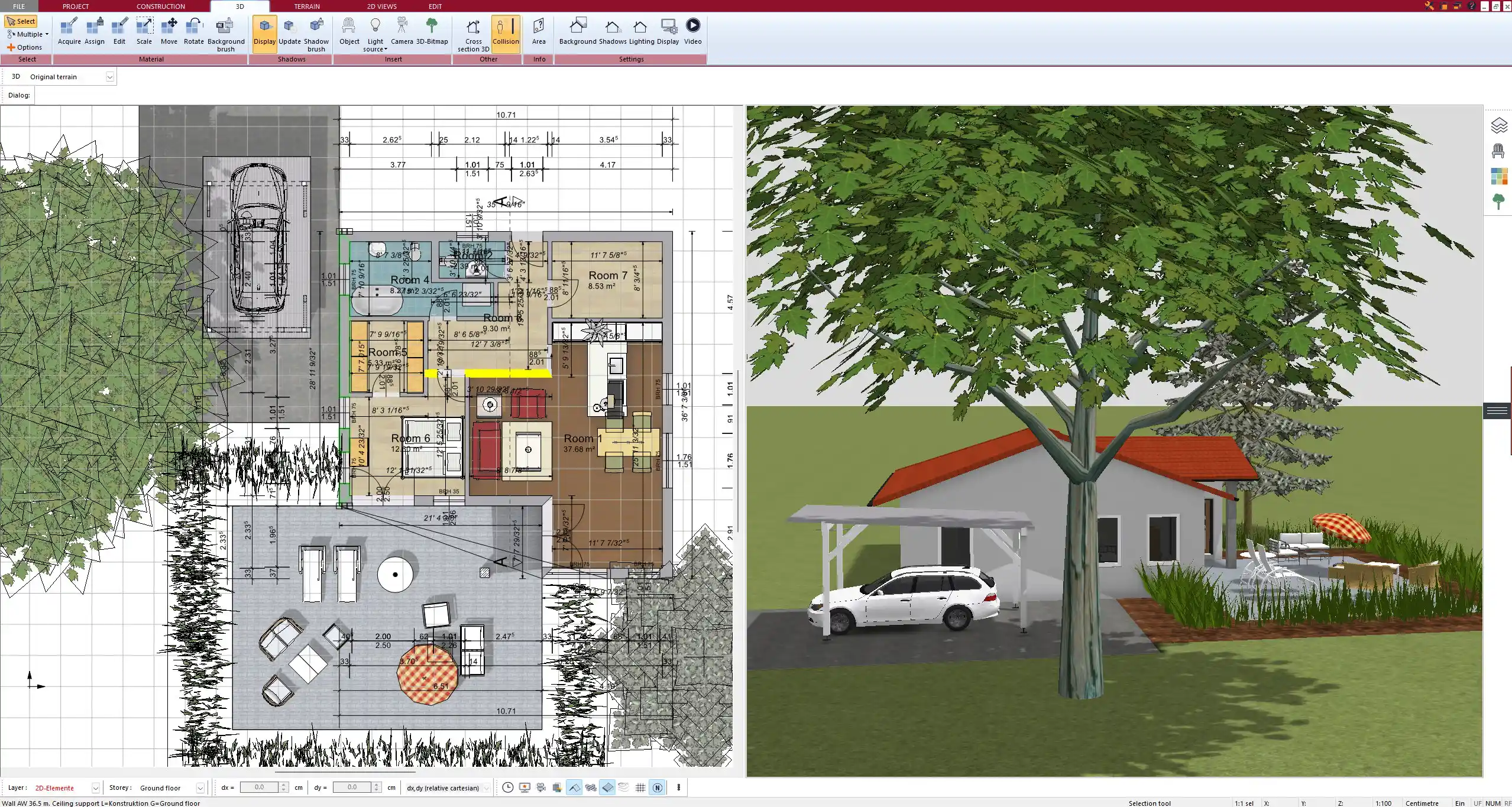 Multi-room floor plan created in Plan7Architect with furniture and lighting elements