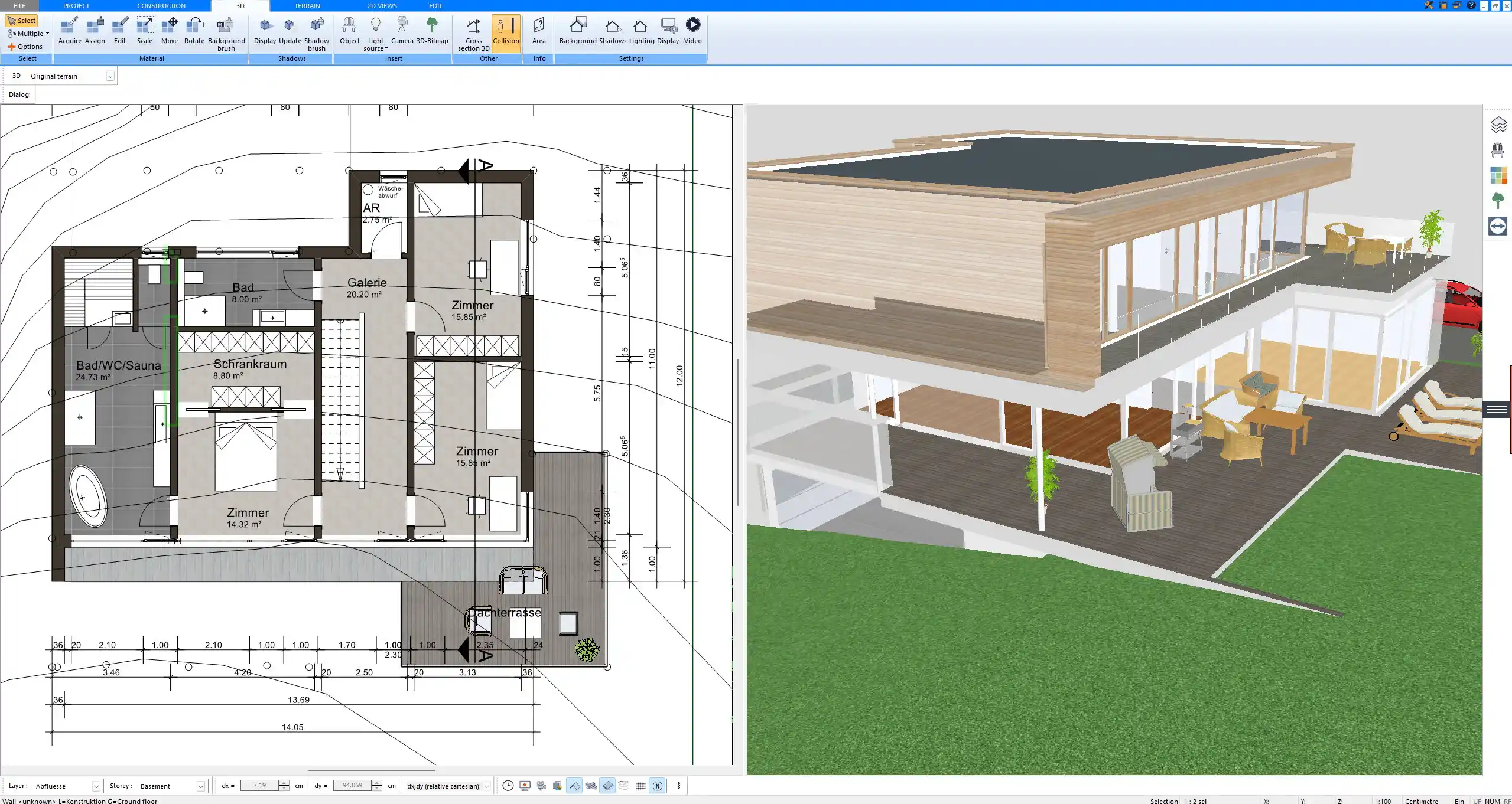 Outdoor lounge and infinity pool concept created with Plan7Architect’s terrain tools