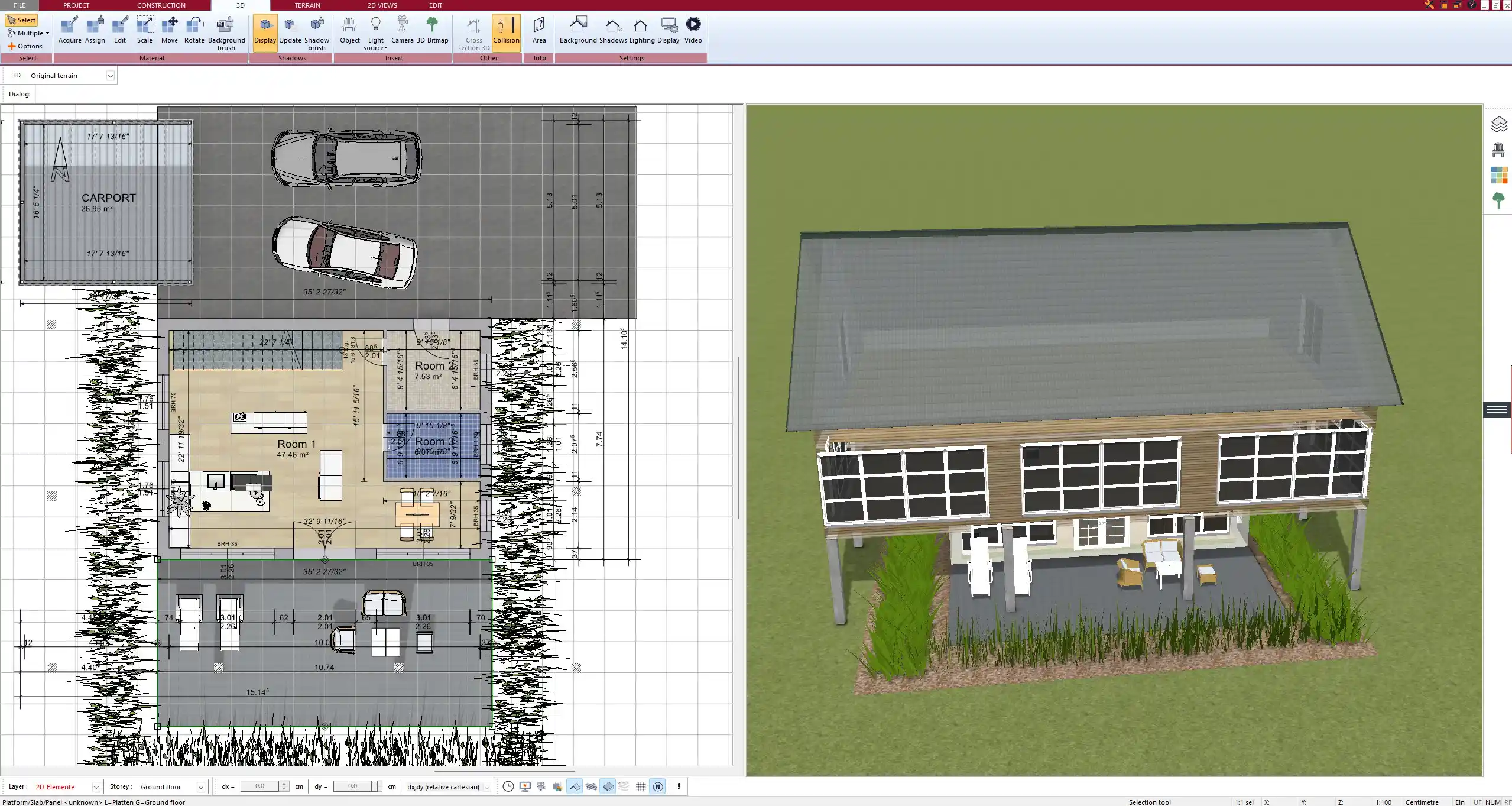 Planned in Plan7Architect 3D view of a furnished single house with roof structure