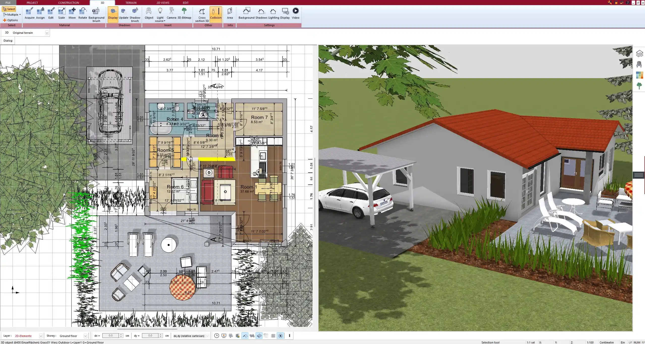 Realistic bungalow floor plan rendered with Plan7Architect software