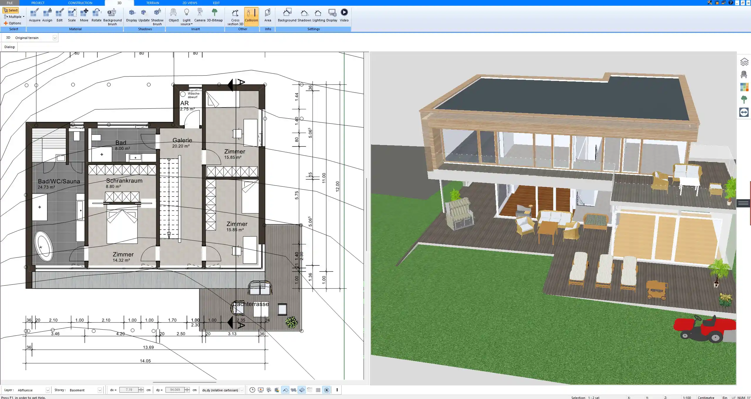 Restaurant floor plan created in Plan7Architect – top-down 2D layout with zones for kitchen, seating, and restrooms