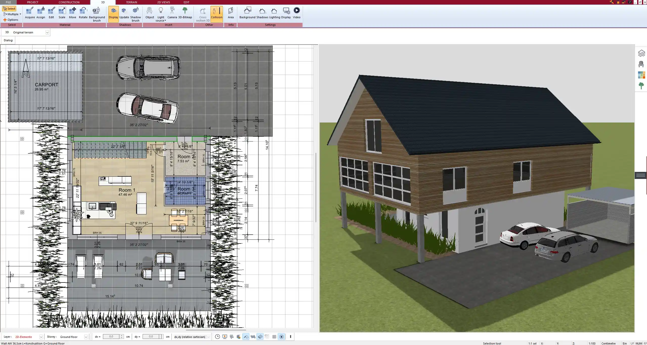 Roof and ceiling design options for a clay house visualized in Plan7Architect