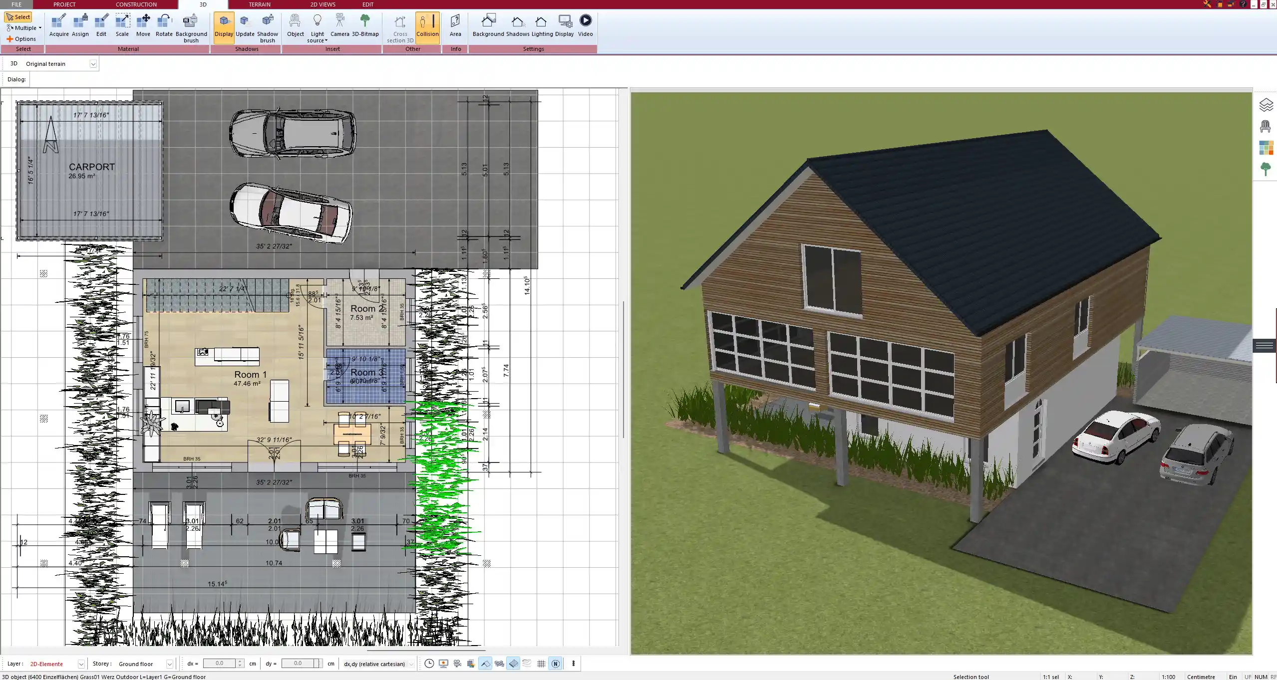 Room orientation and sunlight simulation for optimal energy gain – created in Plan7Architect