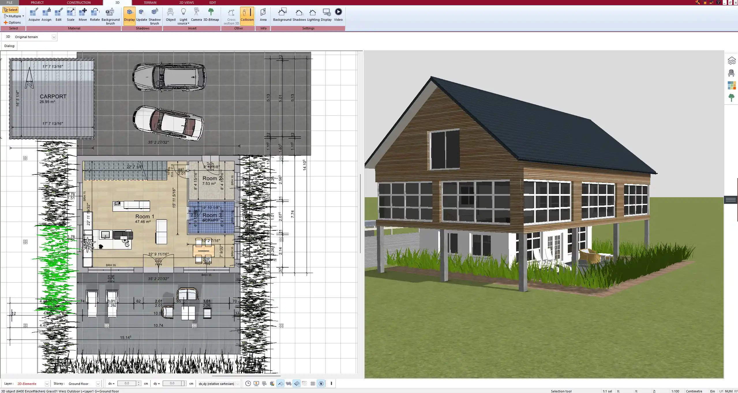 Shading design in Plan7Architect – overhangs and pergolas added to prevent overheating in summer