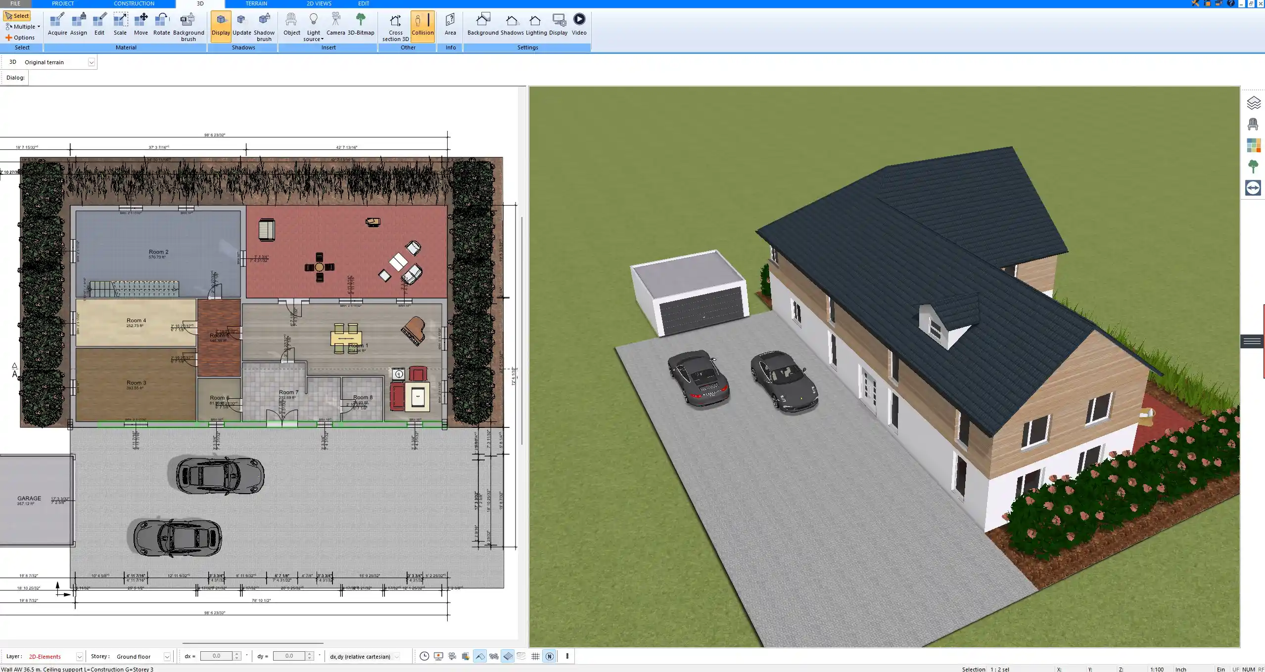 Site plan with terrain and building orientation visualized in Plan7Architect for accurate sun path planning