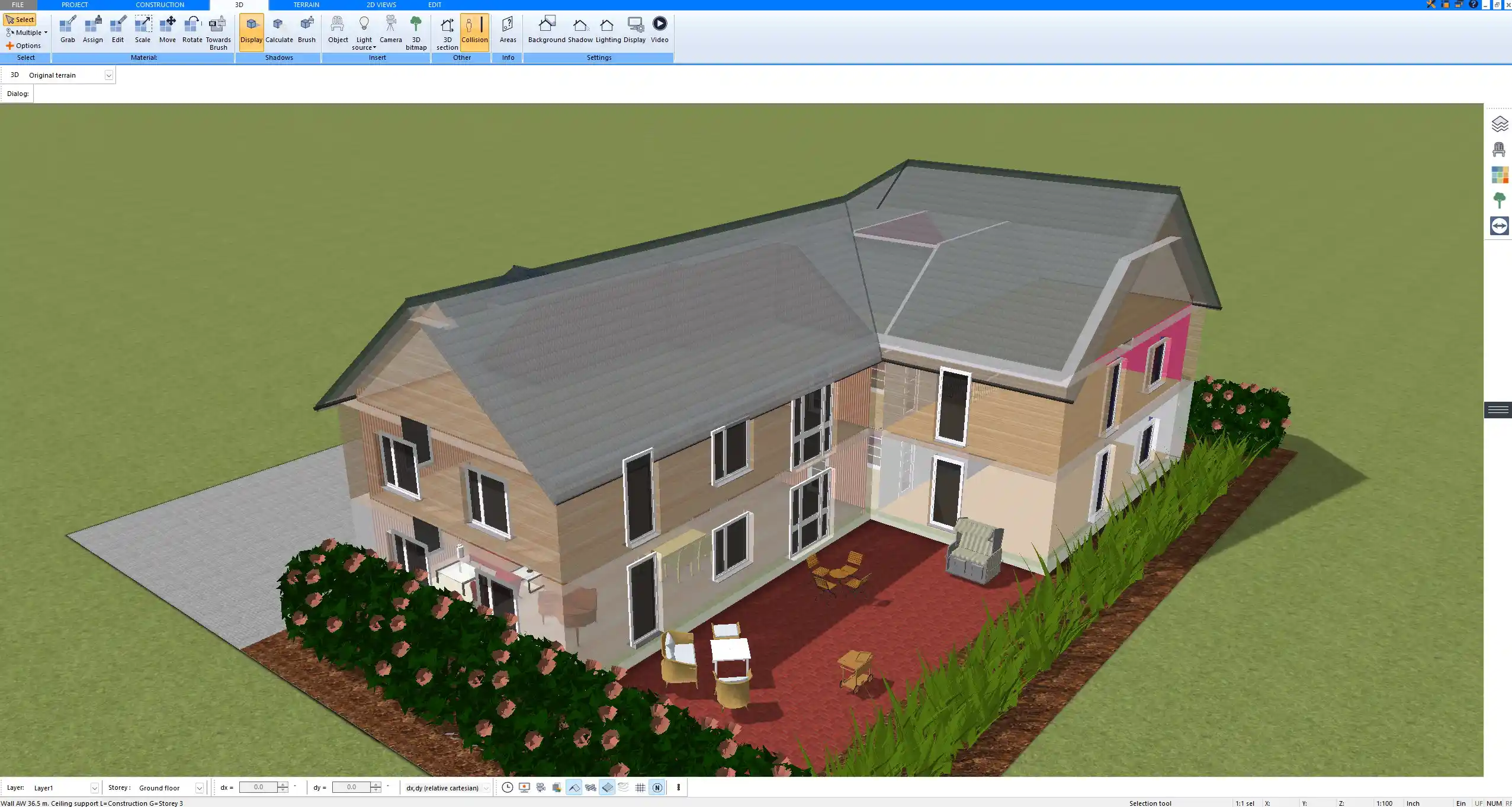 Customized roof and terrain design created in Plan7Architect’s Pro version
