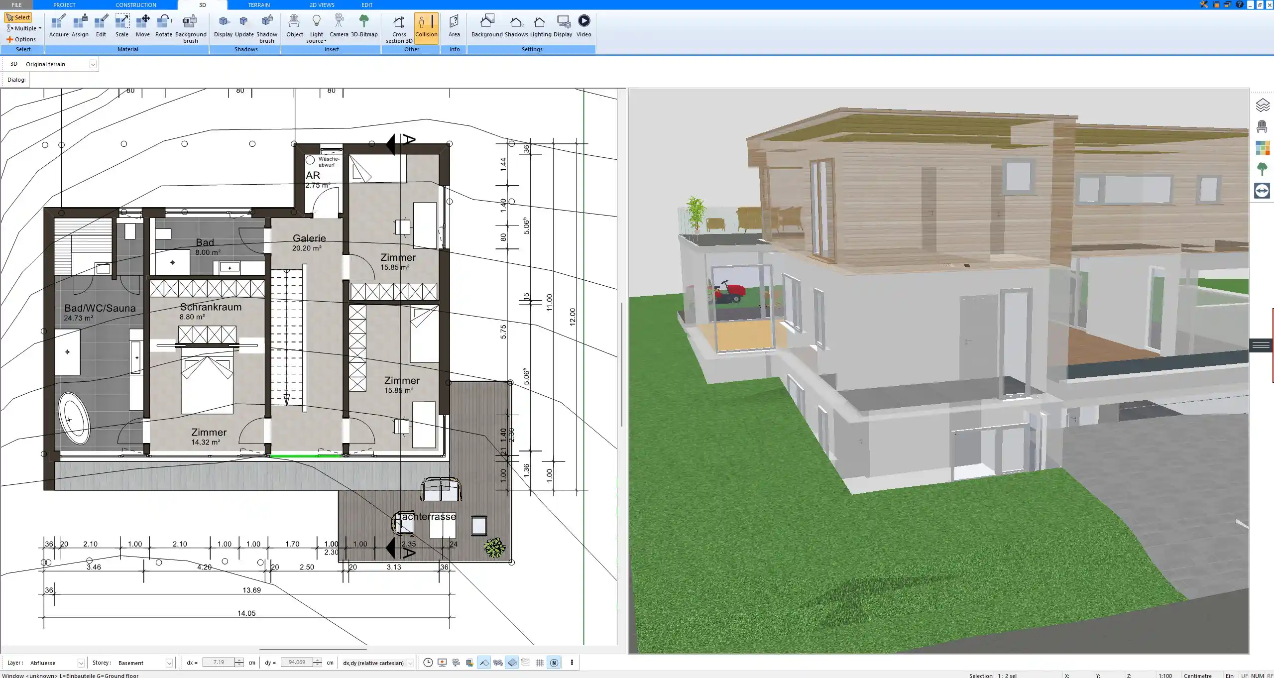 Floor plan of an existing house with added extension, created using Plan7Architect