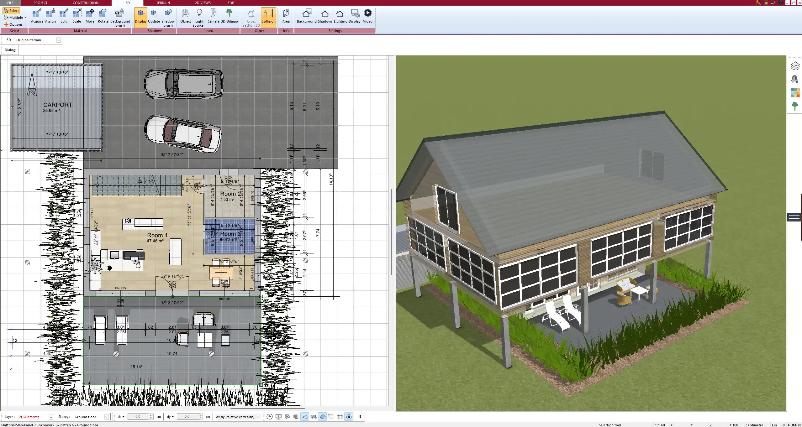Fully furnished living room planned and rendered in Plan7Architect