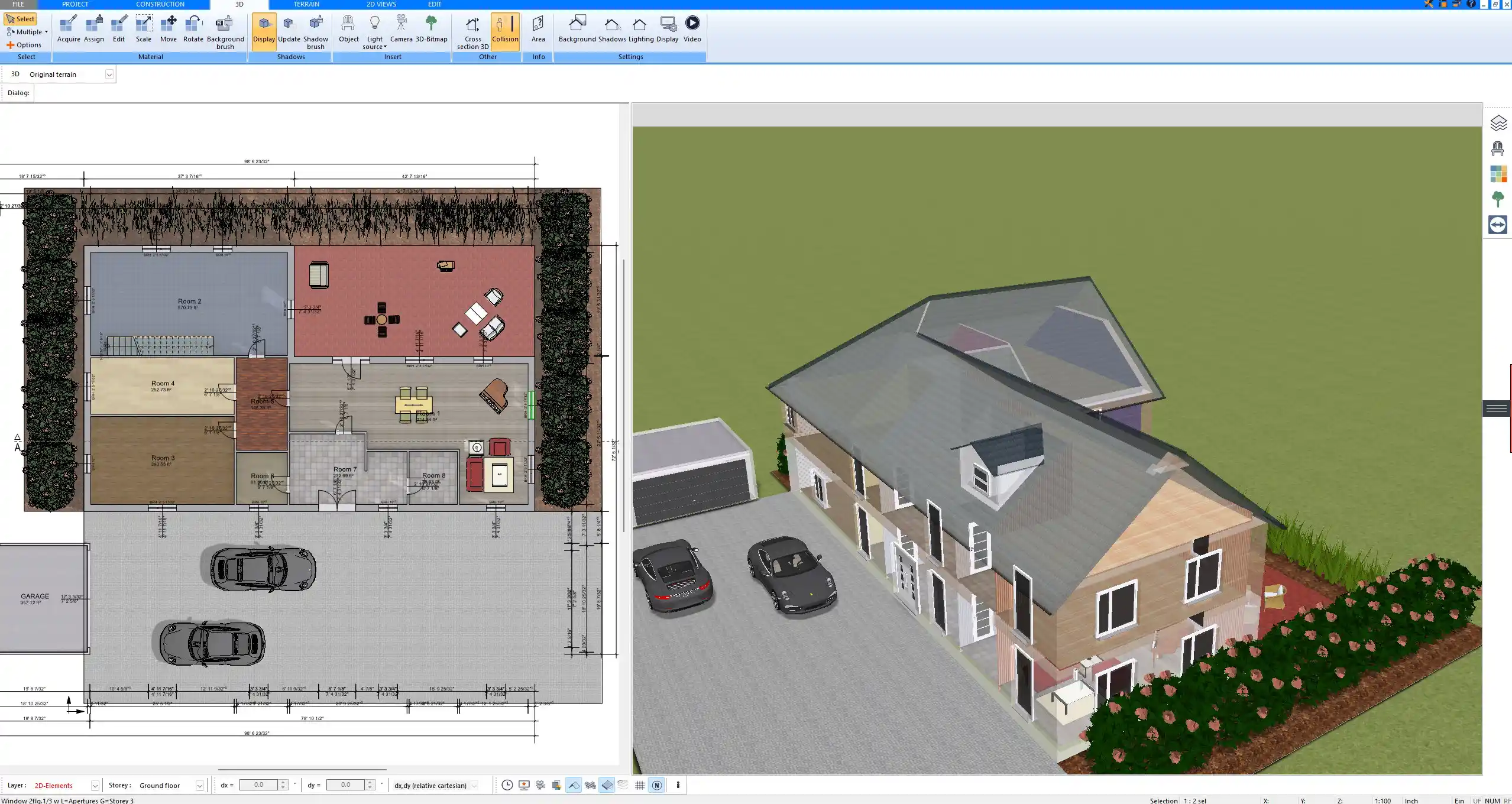 Lighting setup simulation in a 60 m² (645 ft²) studio, planned with Plan7Architect