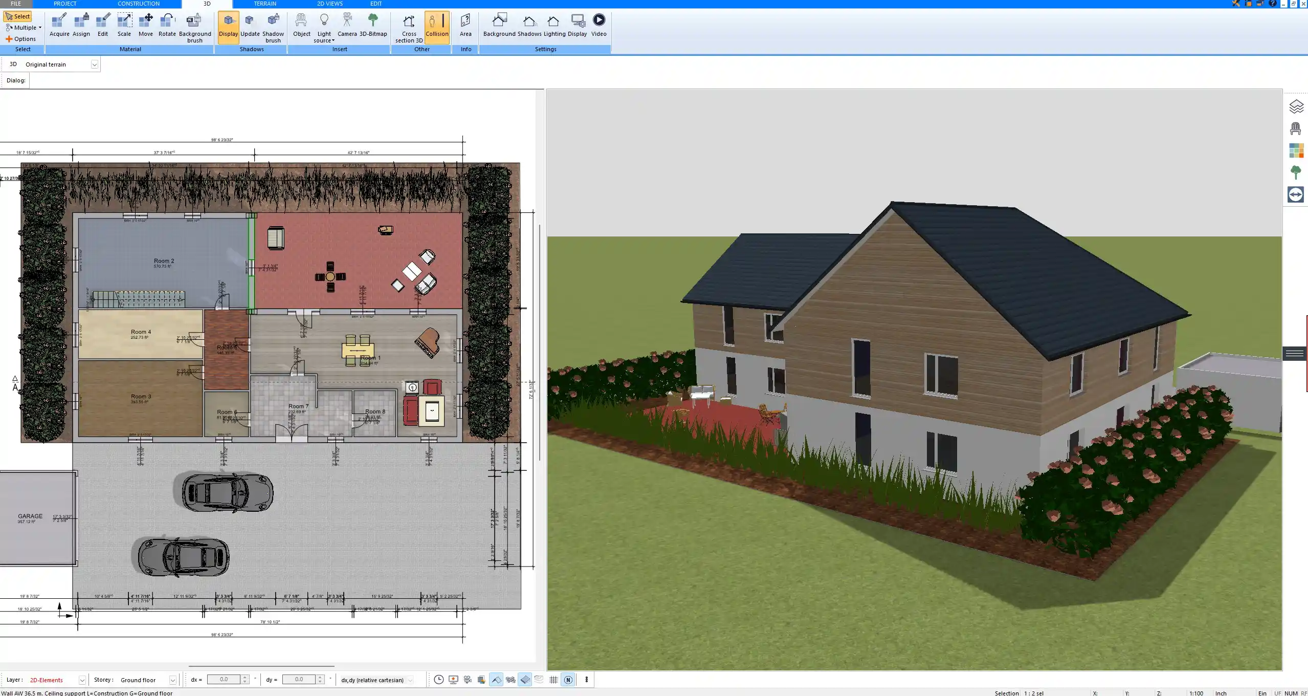 Multi-story house with staircases and roof structure shown in Plan7Architect’s 3D view