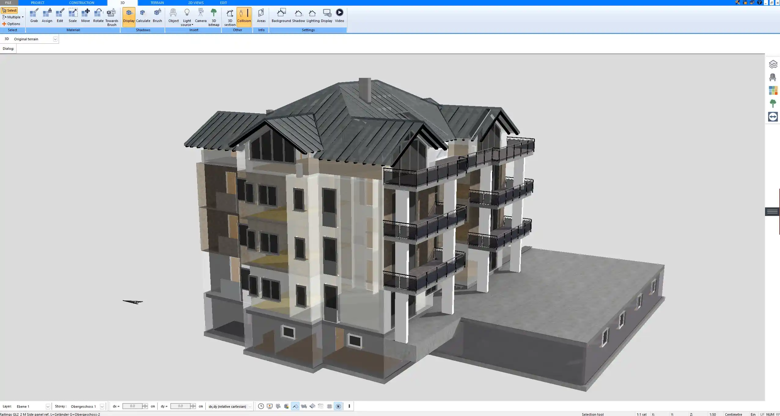 Multilevel building floor plan created in Plan7Architect – including staircase and room zoning