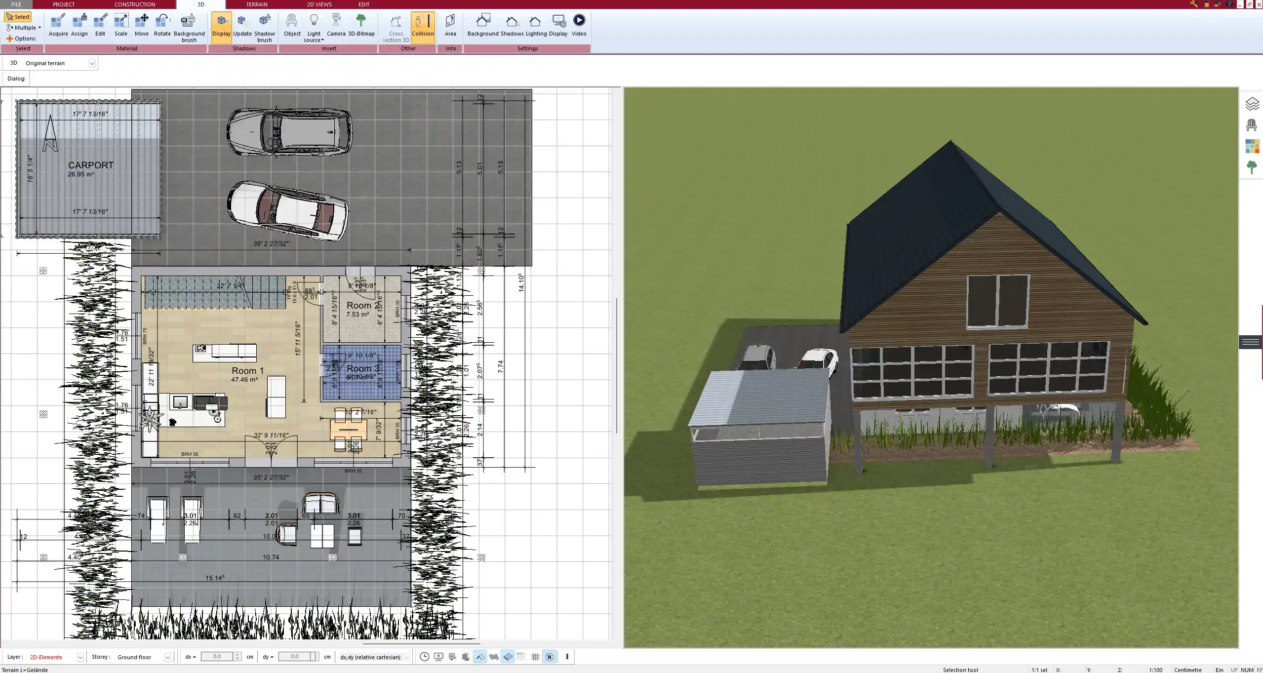 Open-plan living and dining area planned in Plan7Architect with precise space zoning