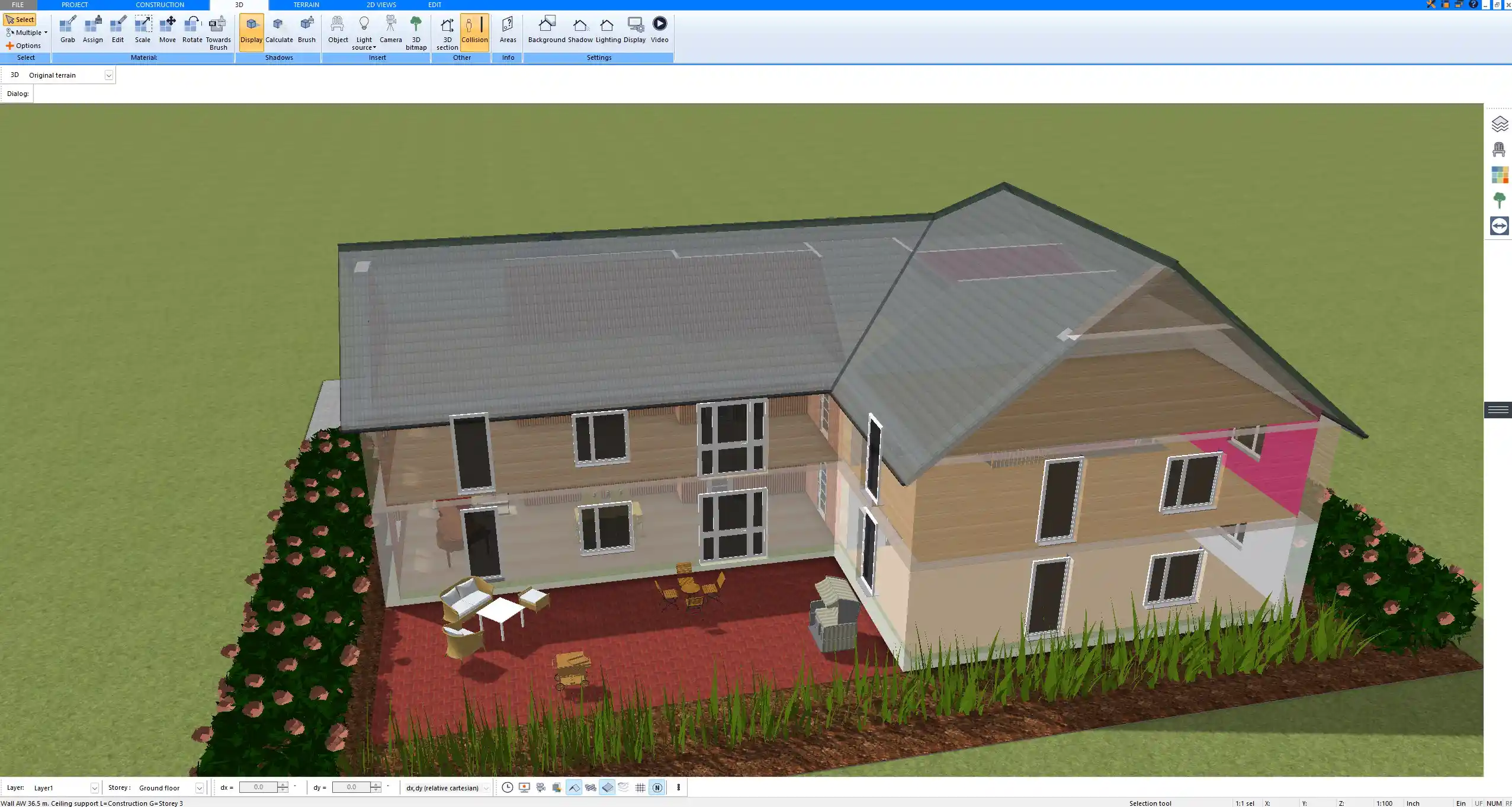 Outdoor area and extension project visualized in 3D using Plan7Architect