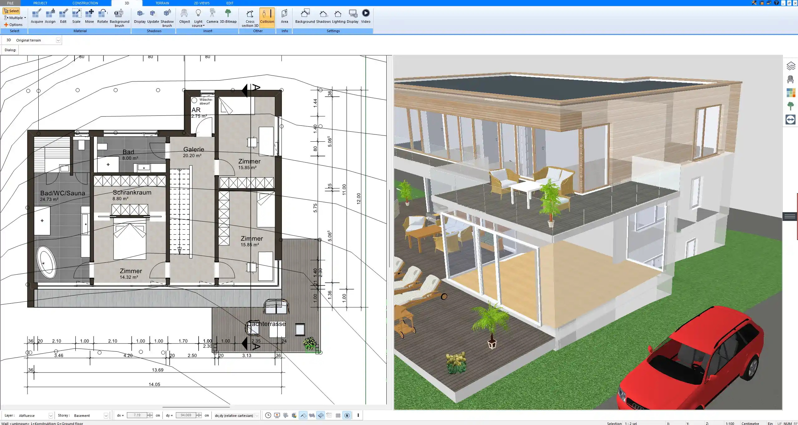 Double carport layout planned with Plan7Architect – 2D ground view with dimensions