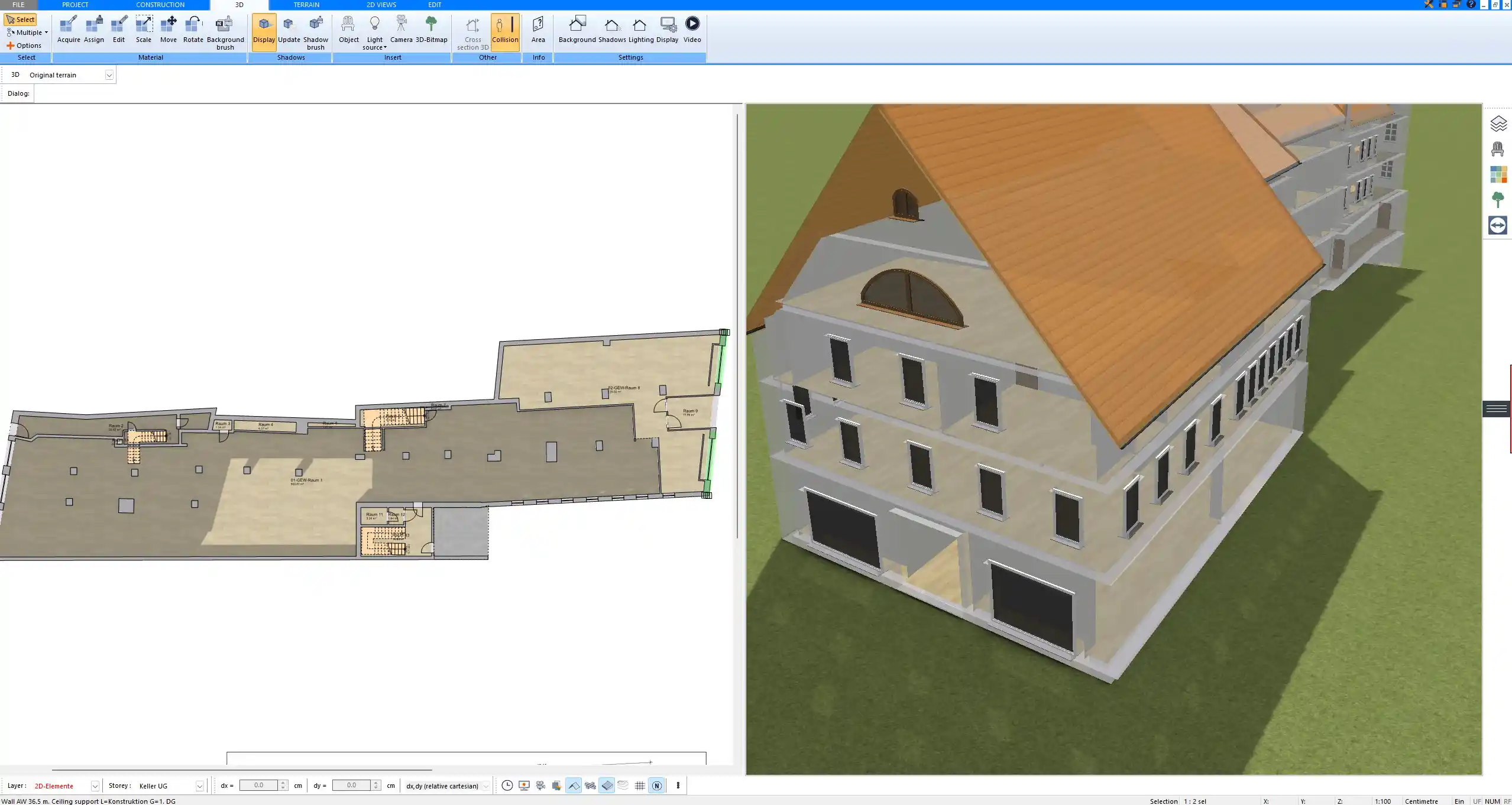 Multi-story house design in Plan7Architect with stairs and roof structure