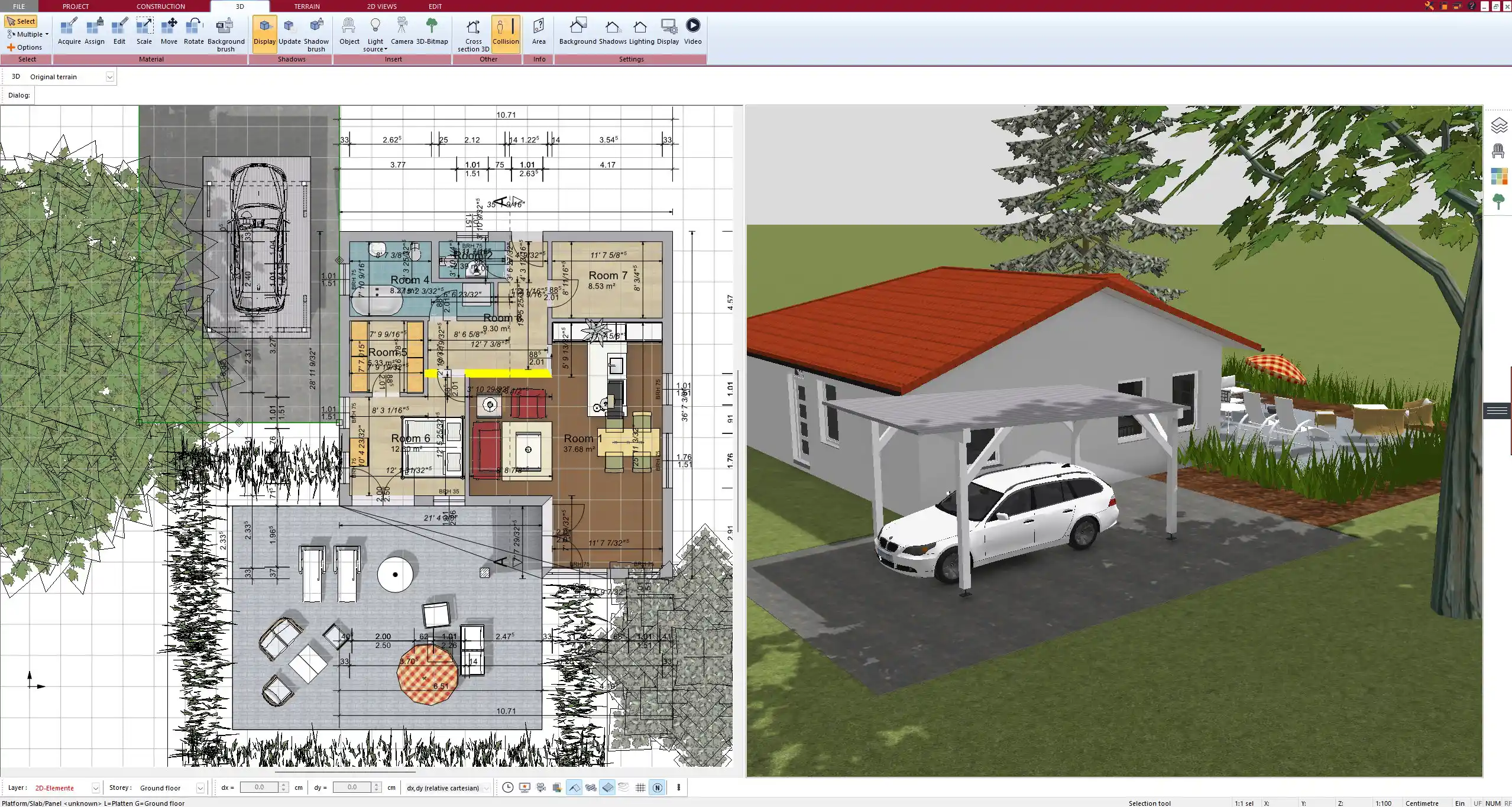 Planned in Plan7Architect 3D view of a single carport for one vehicle